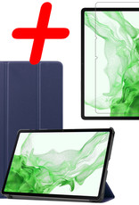 BASEY. Hoesje Geschikt voor Samsung Galaxy Tab S8 Ultra Hoes Case Tablet Hoesje Tri-fold Met Screenprotector - Hoes Geschikt voor Samsung Tab S8 Ultra Hoesje Hard Cover Bookcase Hoes - Donkerblauw