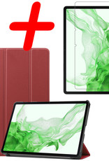 BASEY. Hoesje Geschikt voor Samsung Galaxy Tab S8 Ultra Hoes Case Tablet Hoesje Tri-fold Met Screenprotector - Hoes Geschikt voor Samsung Tab S8 Ultra Hoesje Hard Cover Bookcase Hoes - Donkerrood