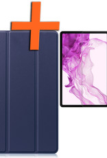 Nomfy Hoes Geschikt voor Samsung Galaxy Tab S8 Ultra Hoes Tri-fold Tablet Hoesje Case Met Screenprotector - Hoesje Geschikt voor Samsung Tab S8 Ultra Hoesje Hardcover Bookcase - Donkerblauw