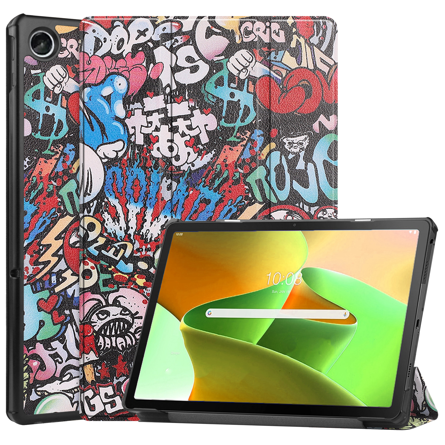 Nomfy Hoes Geschikt voor Lenovo Tab M10 Plus 3rd Gen Hoes Tri-fold Tablet Hoesje Case Met Screenprotector - Hoesje Geschikt voor Lenovo Tab M10 Plus (3e Gen) Hoesje Hardcover Bookcase - Graffity