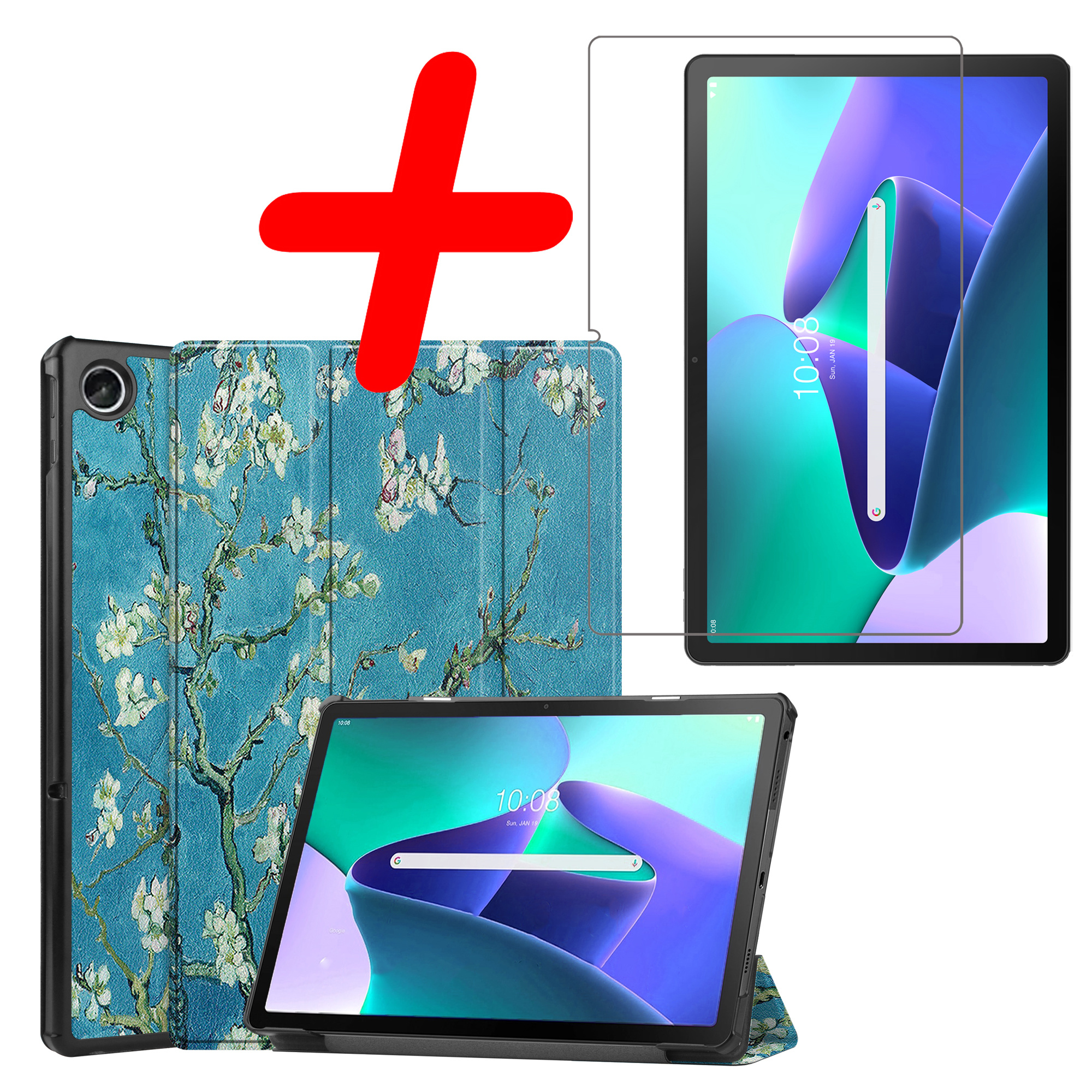 BASEY. Hoesje Geschikt voor Lenovo Tab M10 Plus 3rd Gen Hoes Case Tablet Hoesje Tri-fold Met Screenprotector - Hoes Geschikt voor Lenovo Tab M10 Plus (3e Gen) Hoesje Hard Cover Bookcase Hoes - Bloesem