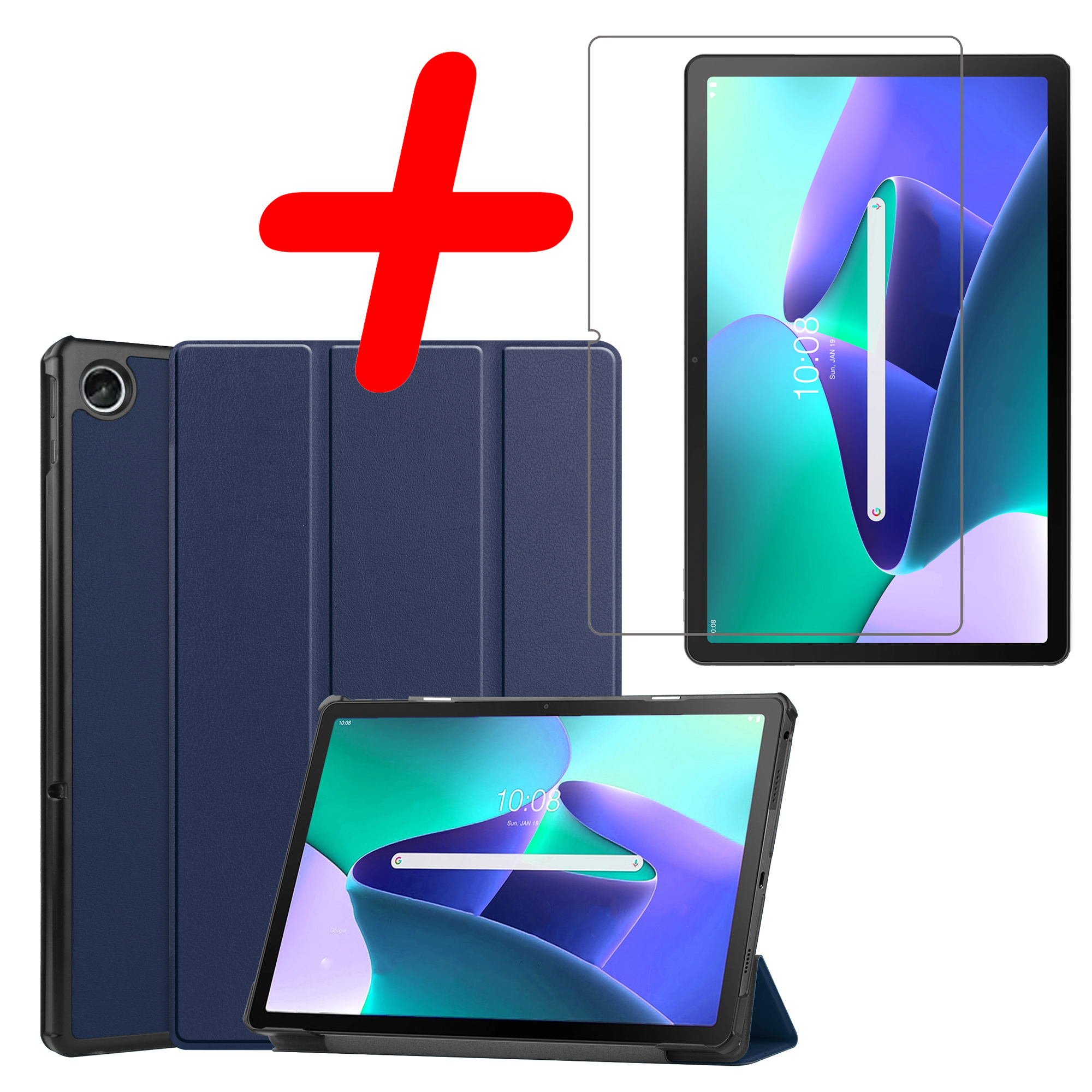 BASEY. Hoesje Geschikt voor Lenovo Tab M10 Plus 3rd Gen Hoes Case Tablet Hoesje Tri-fold Met Screenprotector - Hoes Geschikt voor Lenovo Tab M10 Plus (3e Gen) Hoesje Hard Cover Bookcase Hoes - Donkerblauw