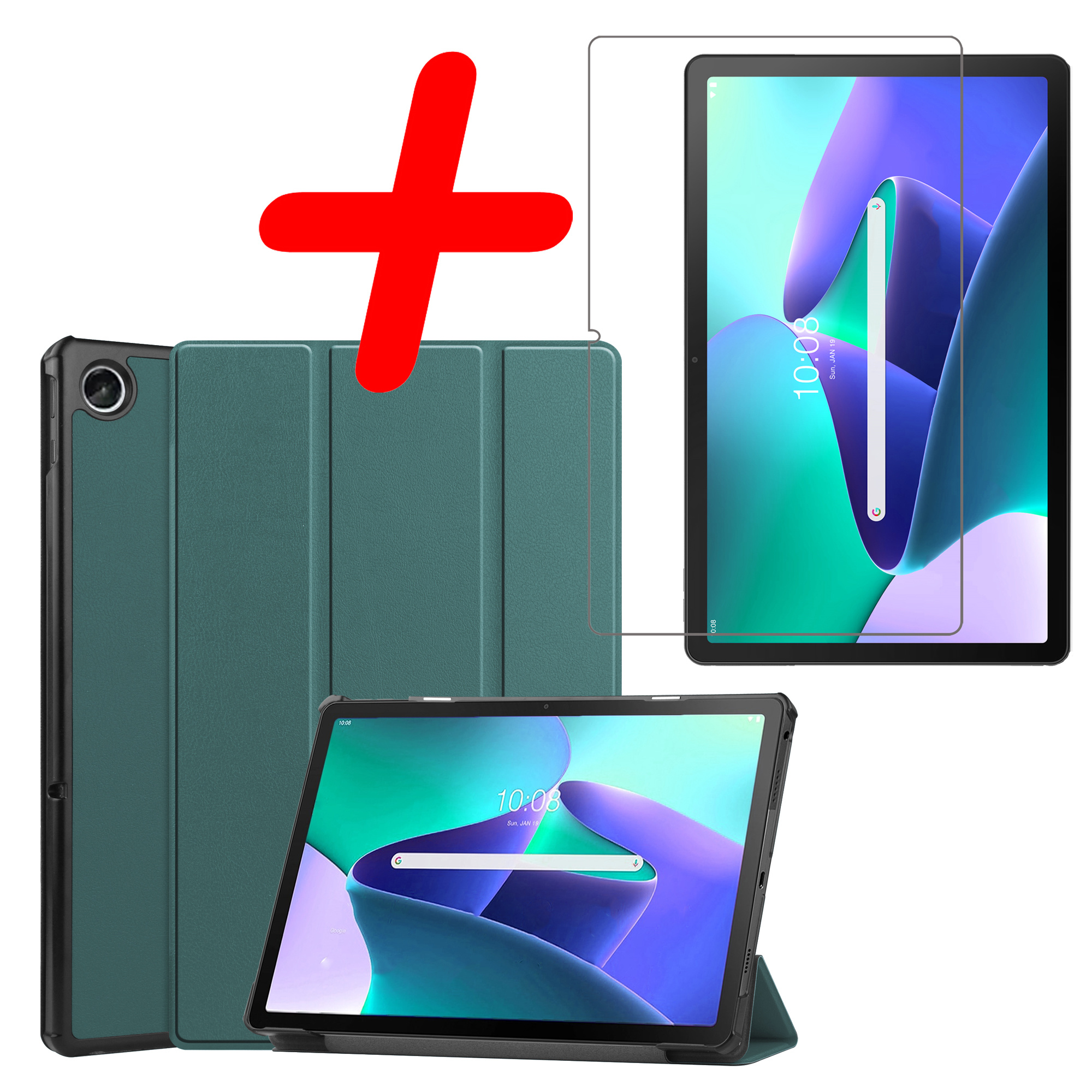 BASEY. Hoesje Geschikt voor Lenovo Tab M10 Plus 3rd Gen Hoes Case Tablet Hoesje Tri-fold Met Screenprotector - Hoes Geschikt voor Lenovo Tab M10 Plus (3e Gen) Hoesje Hard Cover Bookcase Hoes - Donkergroen