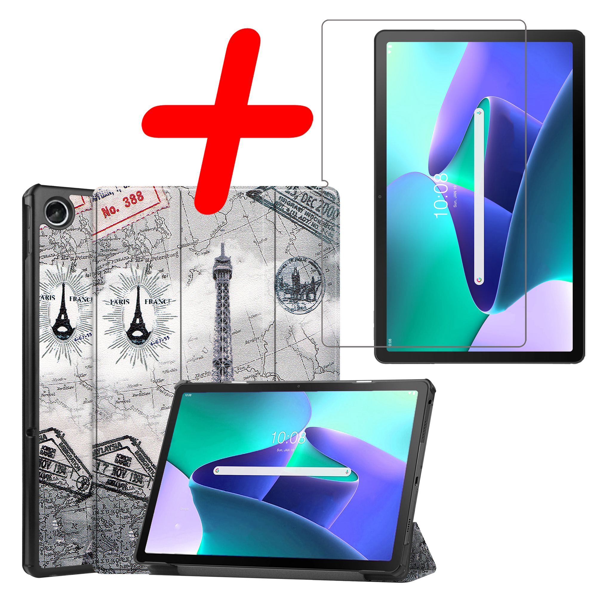 BASEY. Hoesje Geschikt voor Lenovo Tab M10 Plus 3rd Gen Hoes Case Tablet Hoesje Tri-fold Met Screenprotector - Hoes Geschikt voor Lenovo Tab M10 Plus (3e Gen) Hoesje Hard Cover Bookcase Hoes - Eiffeltoren