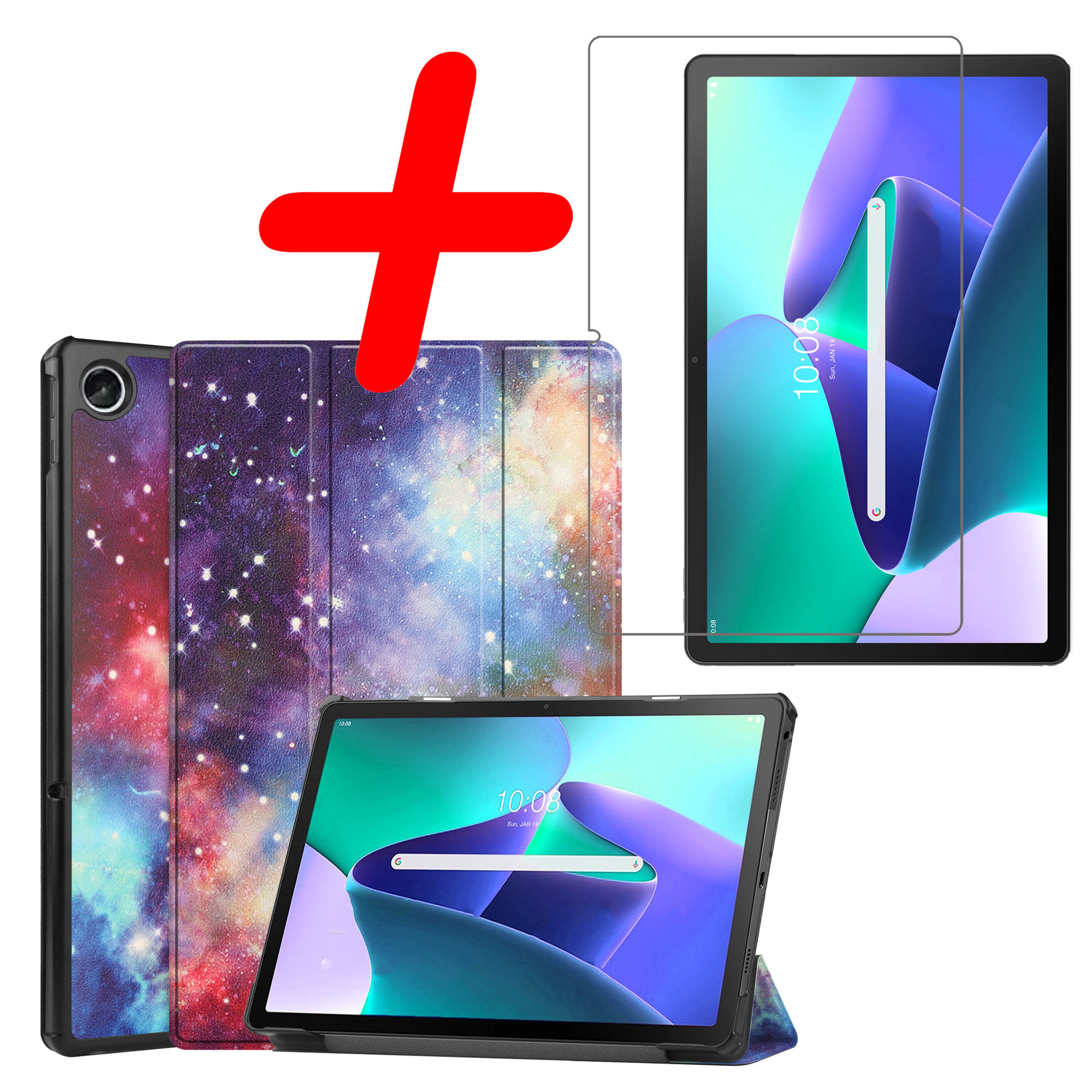 BASEY. Hoesje Geschikt voor Lenovo Tab M10 Plus 3rd Gen Hoes Case Tablet Hoesje Tri-fold Met Screenprotector - Hoes Geschikt voor Lenovo Tab M10 Plus (3e Gen) Hoesje Hard Cover Bookcase Hoes - Galaxy