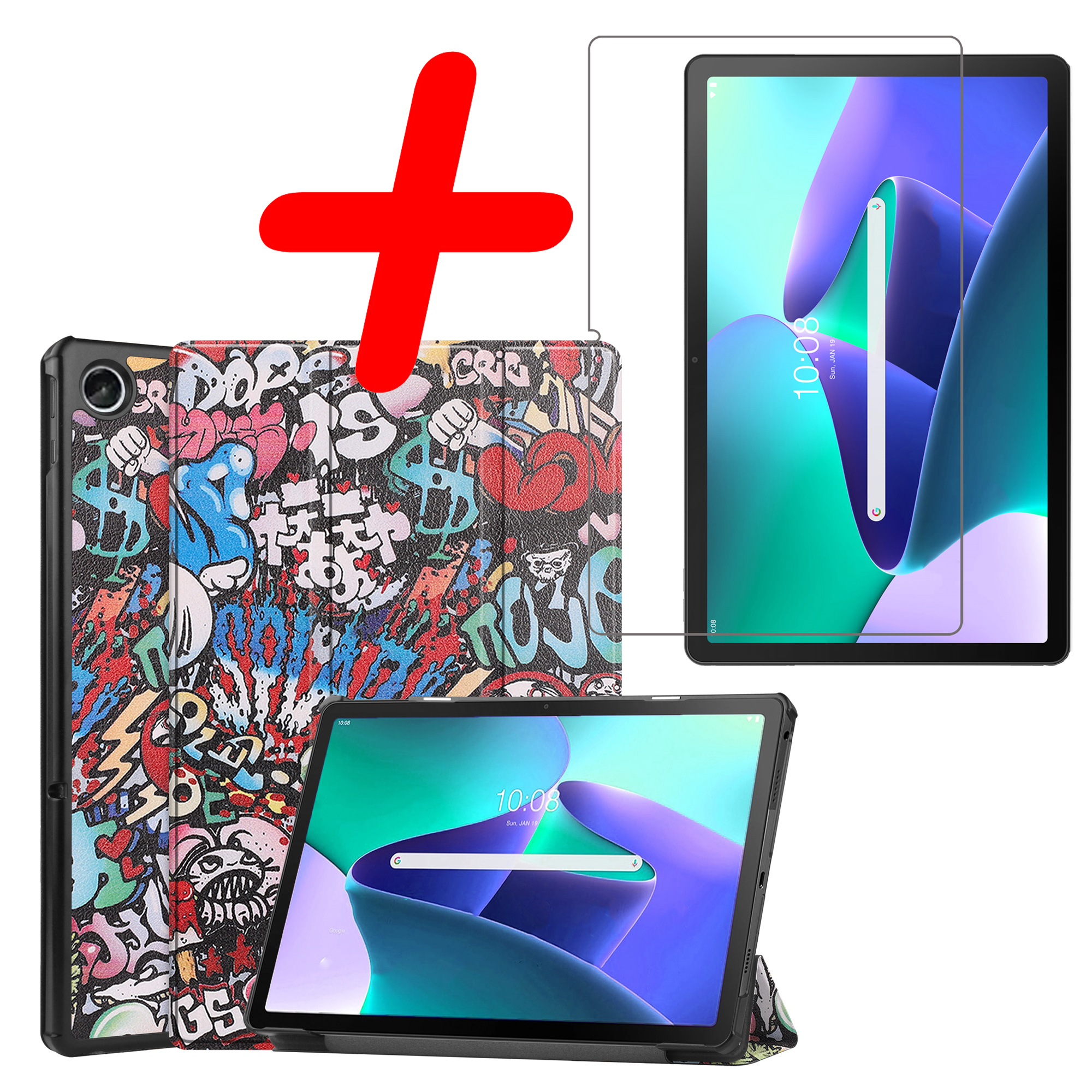 BASEY. Hoesje Geschikt voor Lenovo Tab M10 Plus 3rd Gen Hoes Case Tablet Hoesje Tri-fold Met Screenprotector - Hoes Geschikt voor Lenovo Tab M10 Plus (3e Gen) Hoesje Hard Cover Bookcase Hoes - Graffity