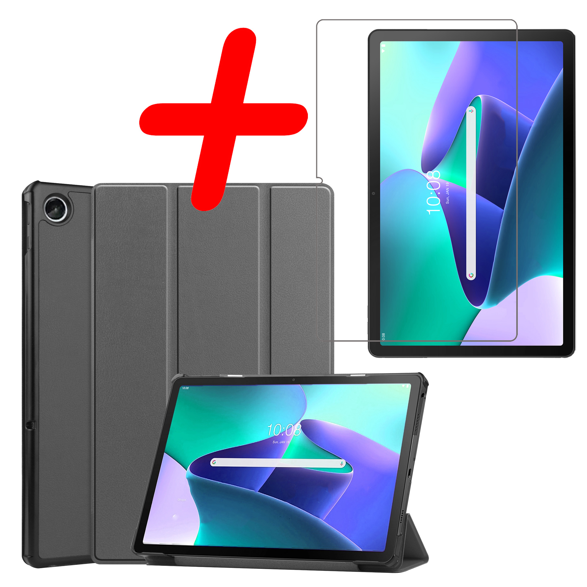 BASEY. Hoesje Geschikt voor Lenovo Tab M10 Plus 3rd Gen Hoes Case Tablet Hoesje Tri-fold Met Screenprotector - Hoes Geschikt voor Lenovo Tab M10 Plus (3e Gen) Hoesje Hard Cover Bookcase Hoes - Grijs