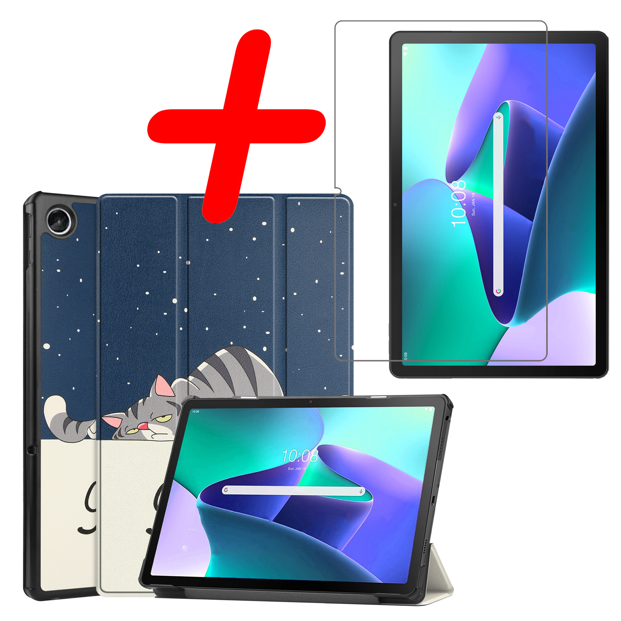 BASEY. Hoesje Geschikt voor Lenovo Tab M10 Plus 3rd Gen Hoes Case Tablet Hoesje Tri-fold Met Screenprotector - Hoes Geschikt voor Lenovo Tab M10 Plus (3e Gen) Hoesje Hard Cover Bookcase Hoes - Kat