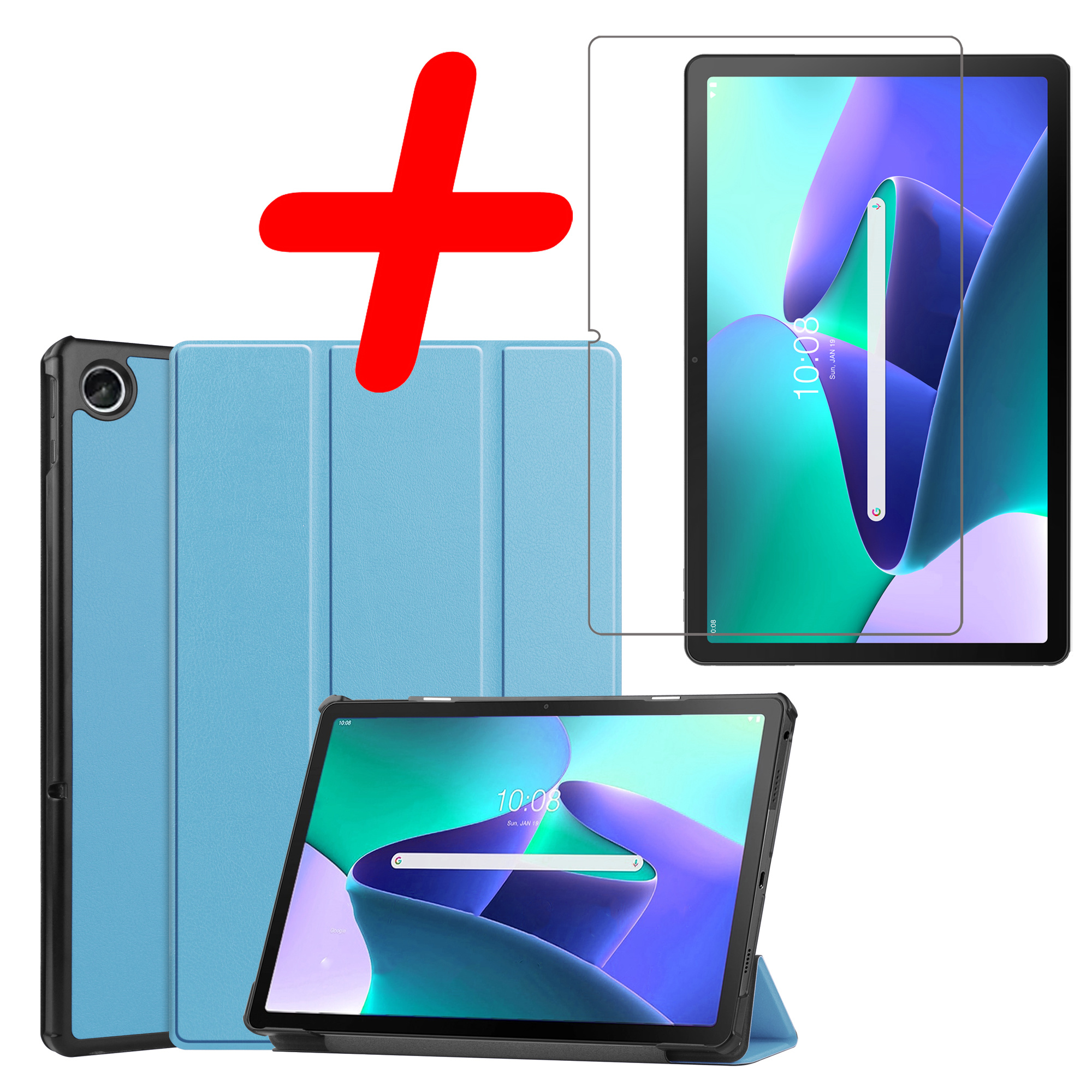 BASEY. Hoesje Geschikt voor Lenovo Tab M10 Plus 3rd Gen Hoes Case Tablet Hoesje Tri-fold Met Screenprotector - Hoes Geschikt voor Lenovo Tab M10 Plus (3e Gen) Hoesje Hard Cover Bookcase Hoes - Lichtblauw
