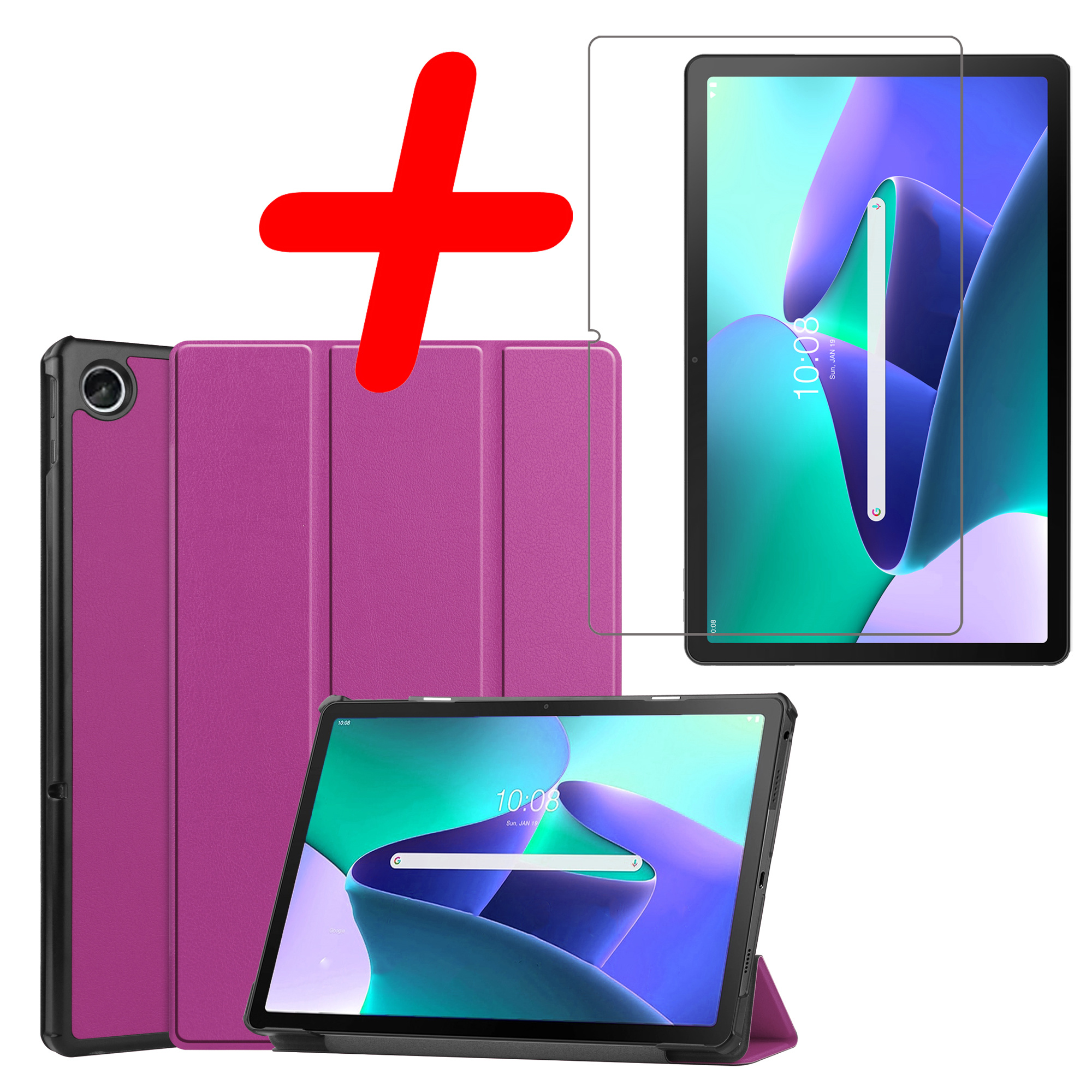 BASEY. Hoesje Geschikt voor Lenovo Tab M10 Plus 3rd Gen Hoes Case Tablet Hoesje Tri-fold Met Screenprotector - Hoes Geschikt voor Lenovo Tab M10 Plus (3e Gen) Hoesje Hard Cover Bookcase Hoes - Paars
