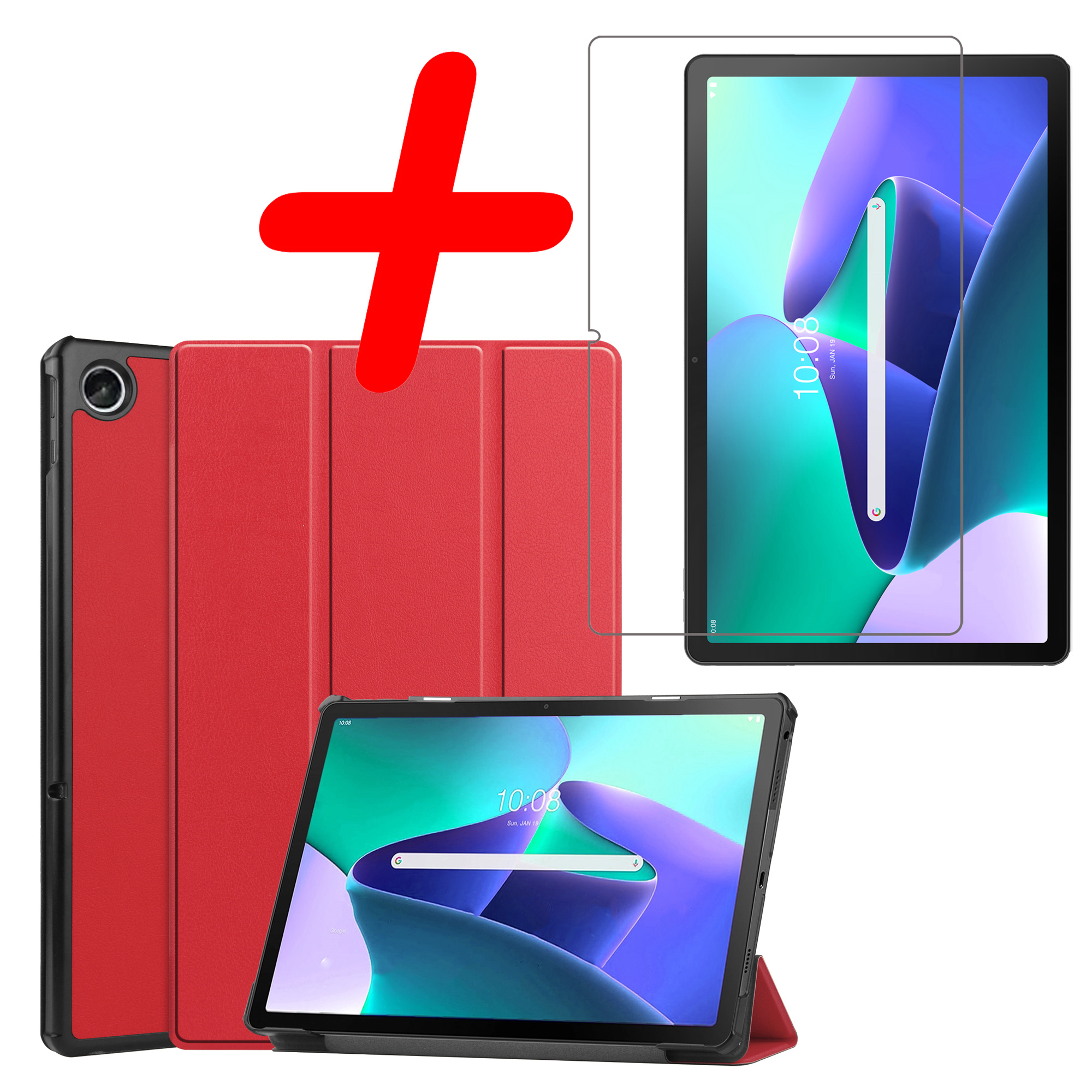 BASEY. Hoesje Geschikt voor Lenovo Tab M10 Plus 3rd Gen Hoes Case Tablet Hoesje Tri-fold Met Screenprotector - Hoes Geschikt voor Lenovo Tab M10 Plus (3e Gen) Hoesje Hard Cover Bookcase Hoes - Rood