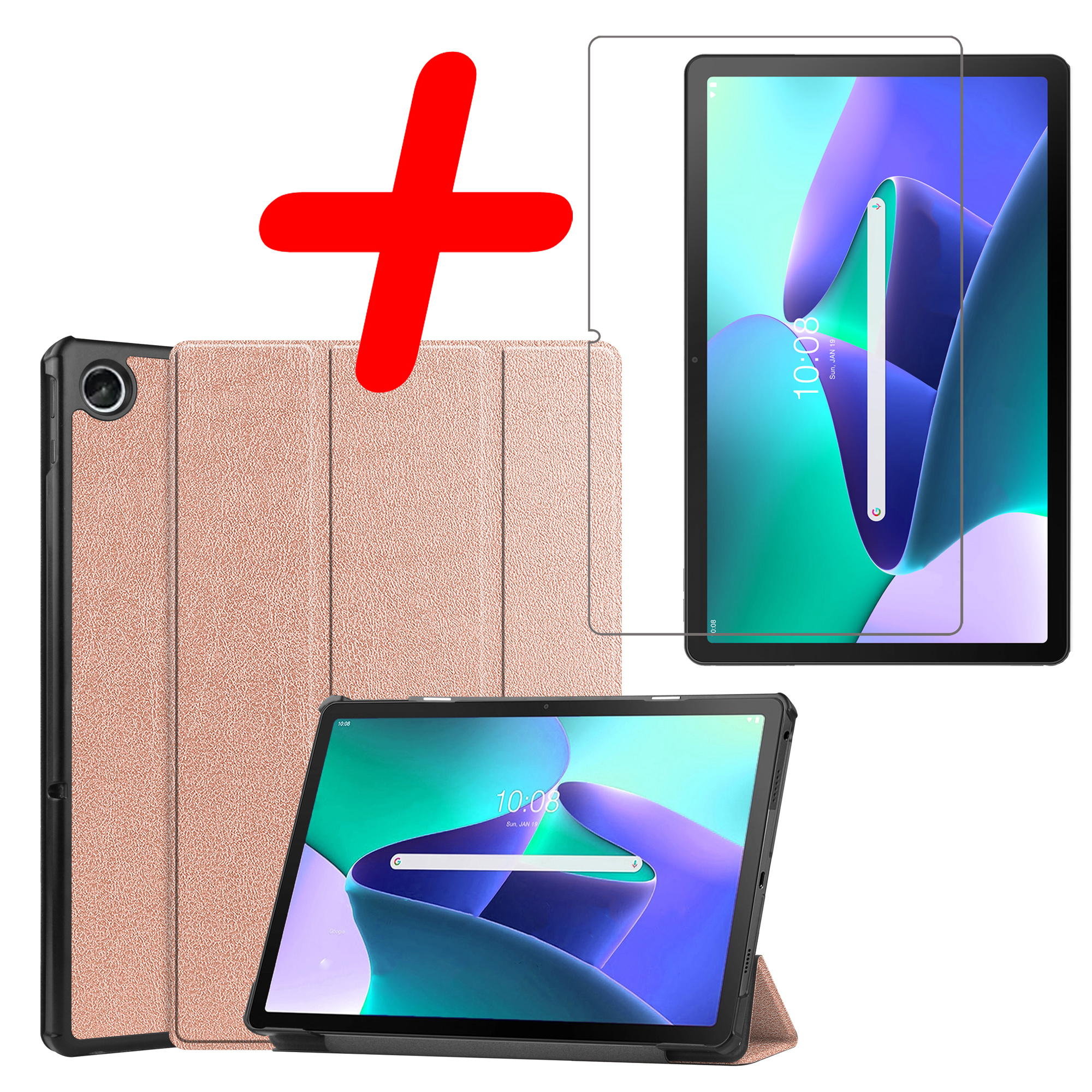 BASEY. Hoesje Geschikt voor Lenovo Tab M10 Plus 3rd Gen Hoes Case Tablet Hoesje Tri-fold Met Screenprotector - Hoes Geschikt voor Lenovo Tab M10 Plus (3e Gen) Hoesje Hard Cover Bookcase Hoes - Rosé goud