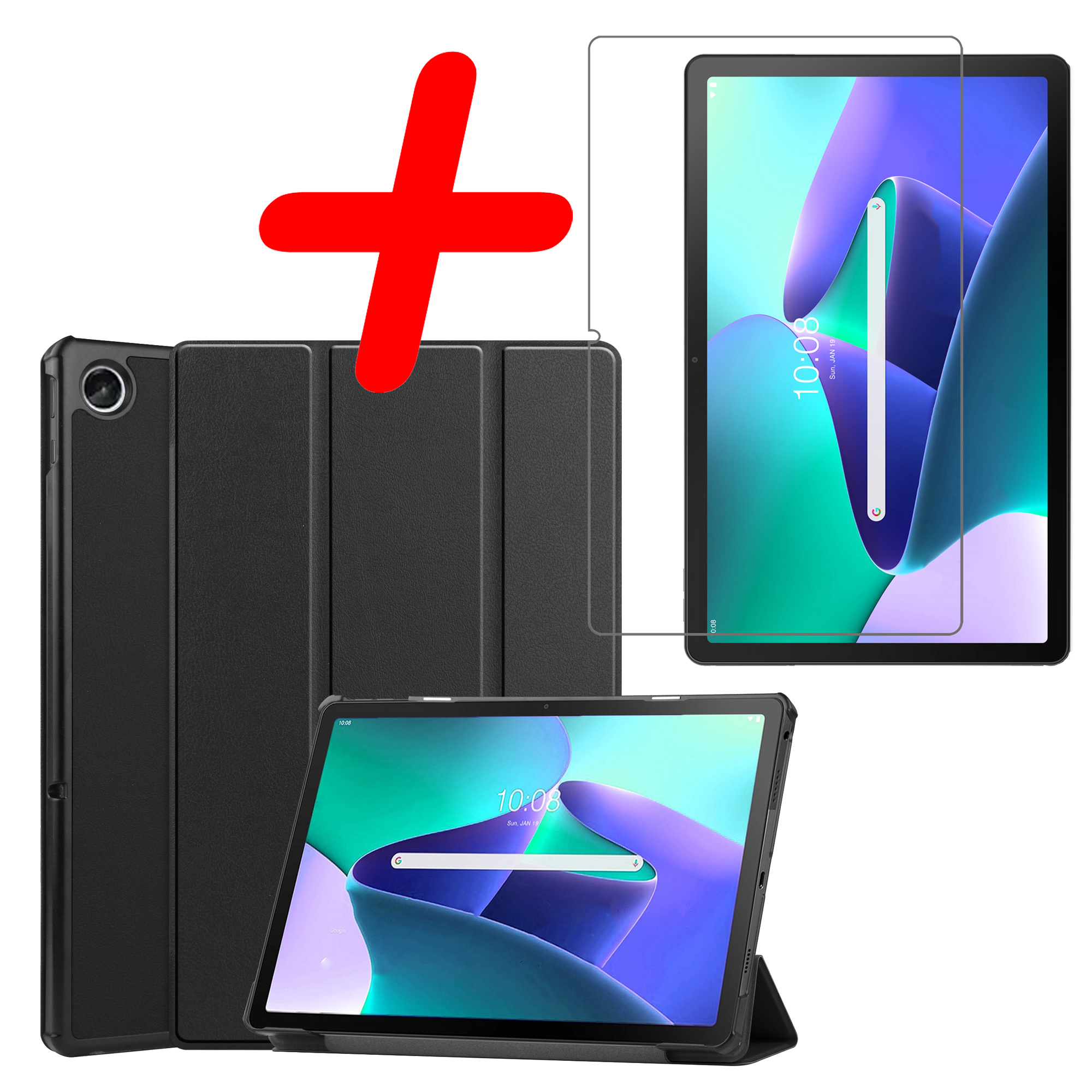 BASEY. Hoesje Geschikt voor Lenovo Tab M10 Plus 3rd Gen Hoes Case Tablet Hoesje Tri-fold Met Screenprotector - Hoes Geschikt voor Lenovo Tab M10 Plus (3e Gen) Hoesje Hard Cover Bookcase Hoes - Zwart