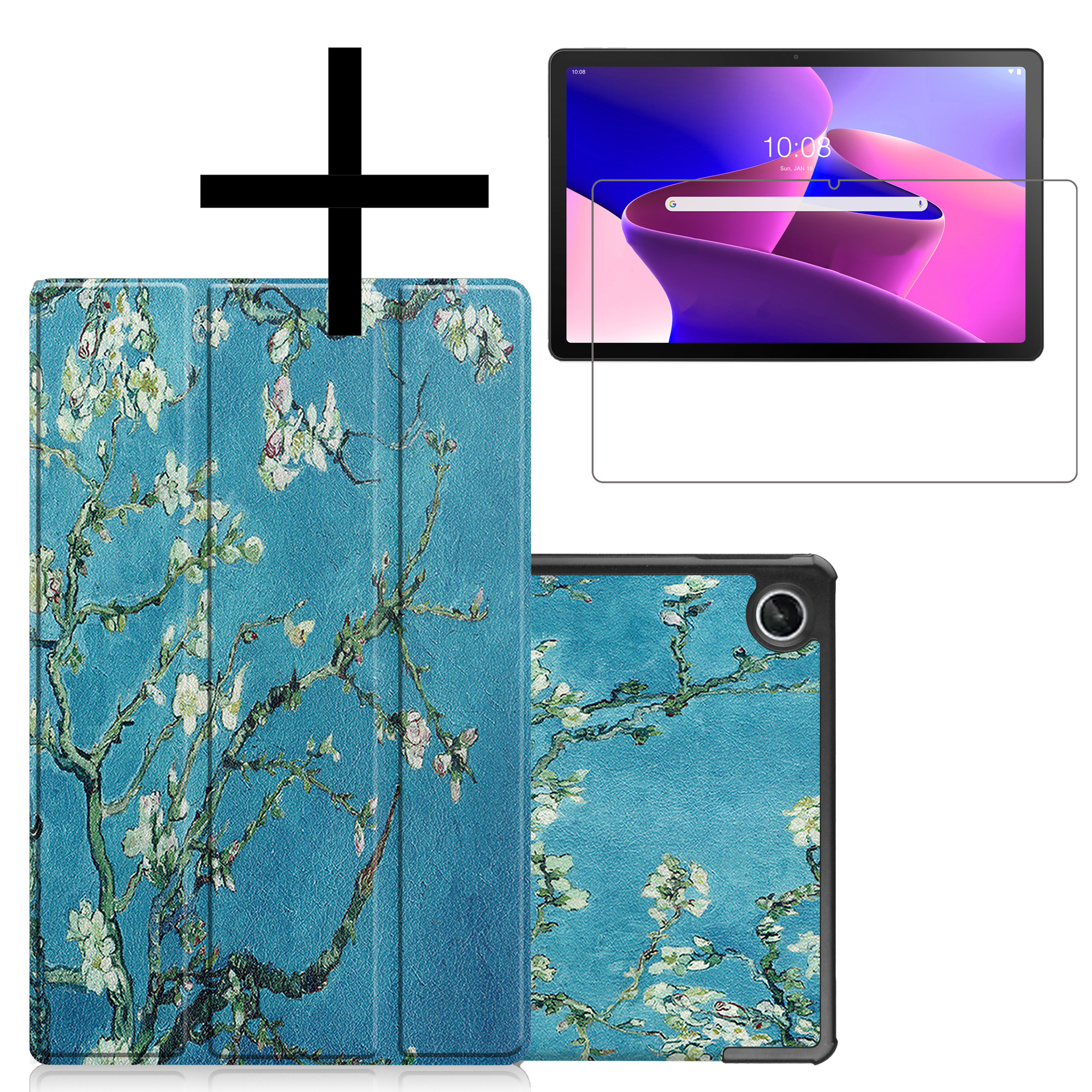 NoXx Hoesje Geschikt voor Lenovo Tab M10 Plus 3rd Gen Hoesje Case Hard Cover Hoes Book Case Met Screenprotector - Bloesem