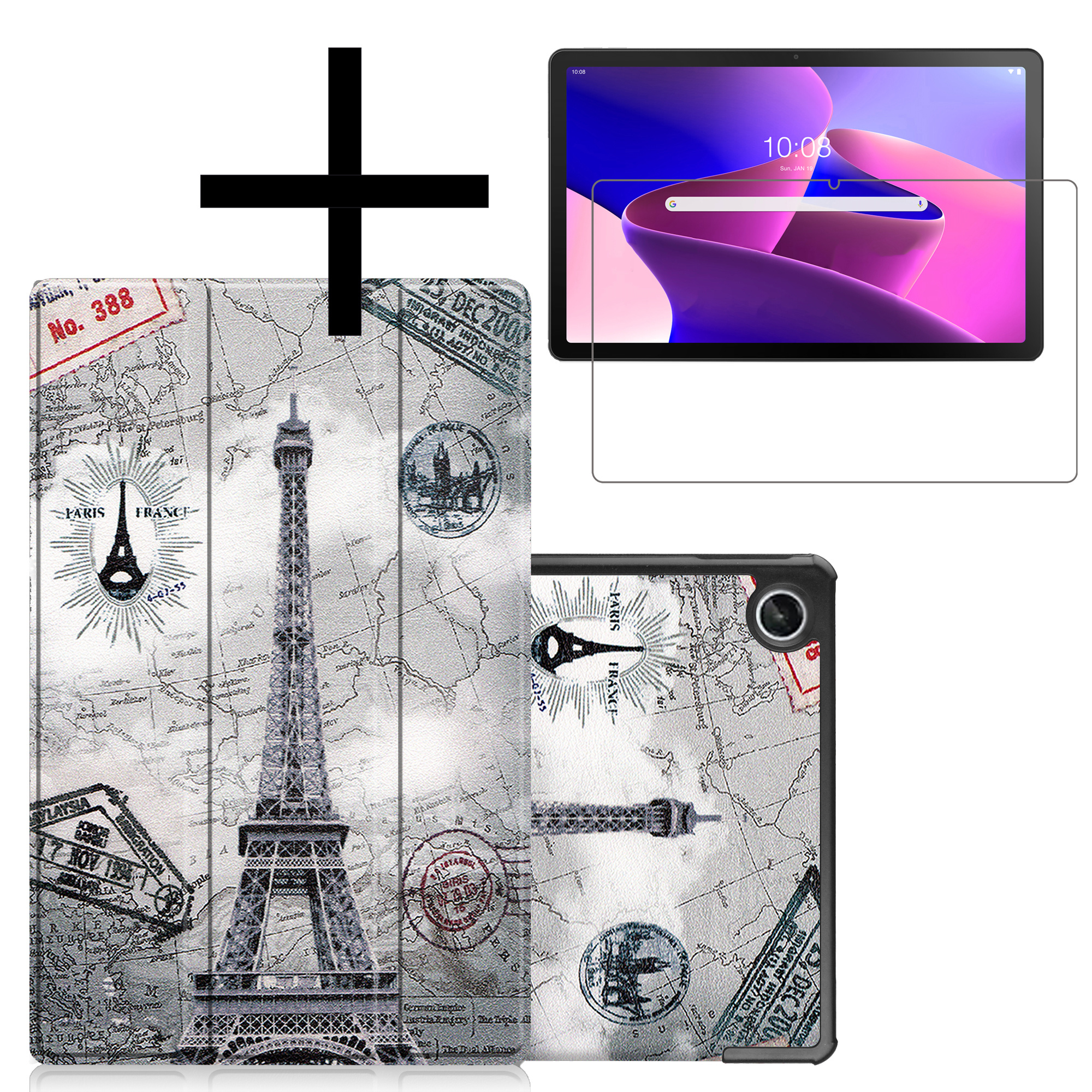 NoXx Hoesje Geschikt voor Lenovo Tab M10 Plus 3rd Gen Hoesje Case Hard Cover Hoes Book Case Met Screenprotector - Eiffeltoren