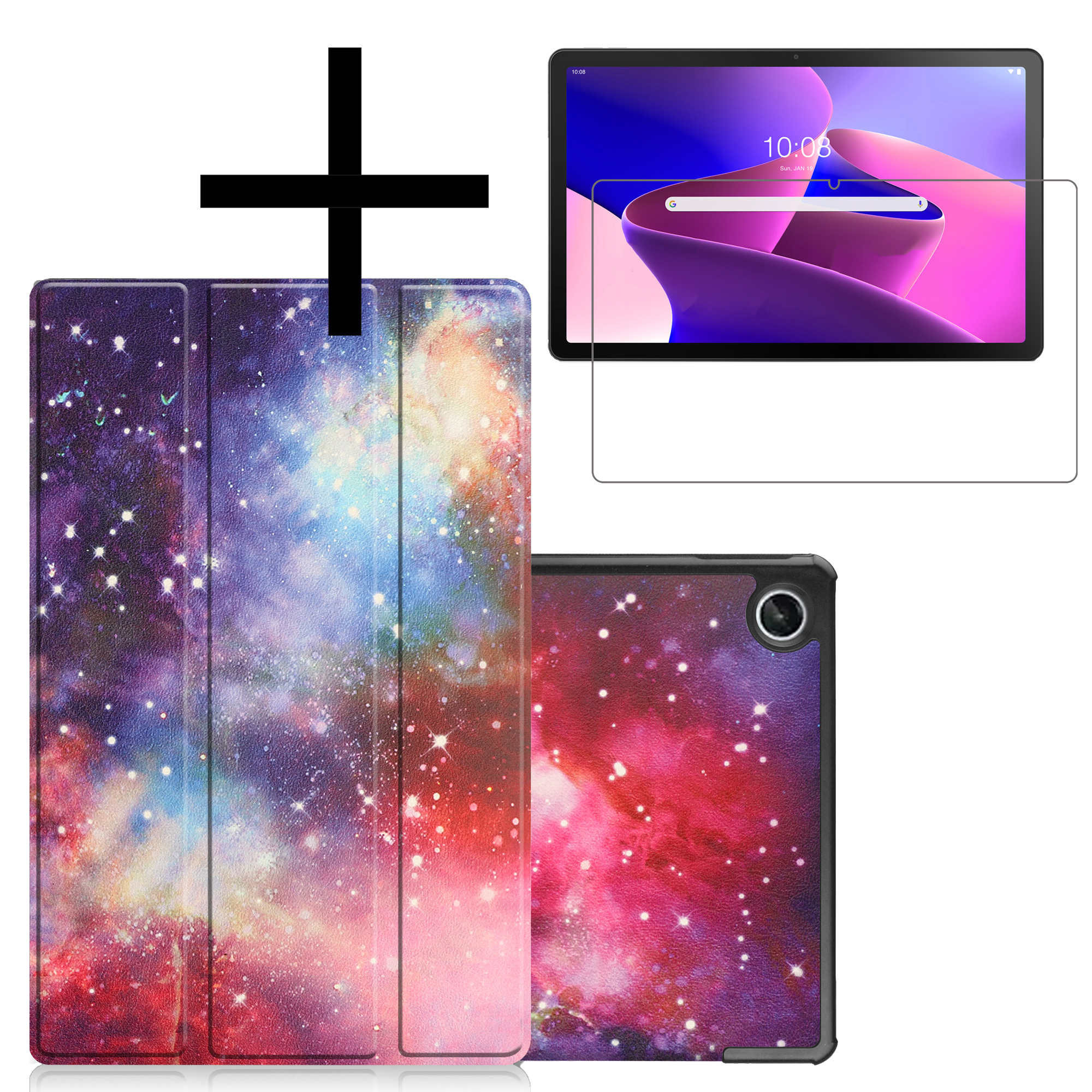 NoXx Hoesje Geschikt voor Lenovo Tab M10 Plus 3rd Gen Hoesje Case Hard Cover Hoes Book Case Met Screenprotector - Galaxy