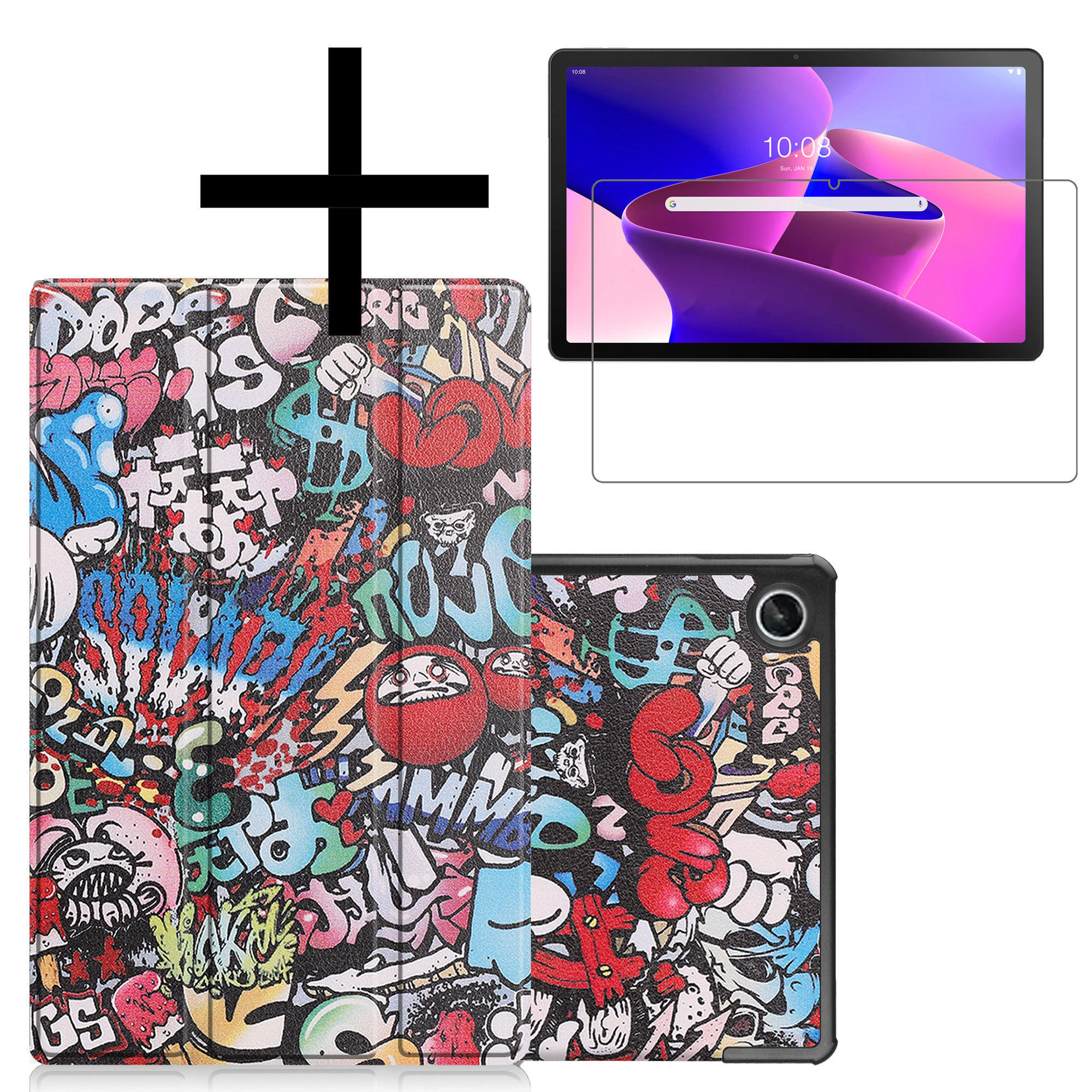 NoXx Hoesje Geschikt voor Lenovo Tab M10 Plus 3rd Gen Hoesje Case Hard Cover Hoes Book Case Met Screenprotector - Graffity