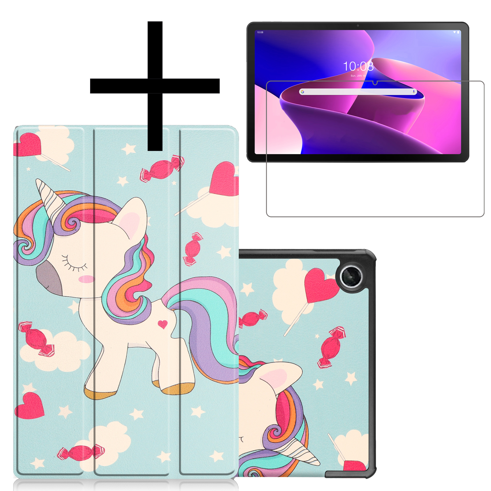 NoXx Hoesje Geschikt voor Lenovo Tab M10 Plus 3rd Gen Hoesje Case Hard Cover Hoes Book Case Met Screenprotector - Eenhoorn