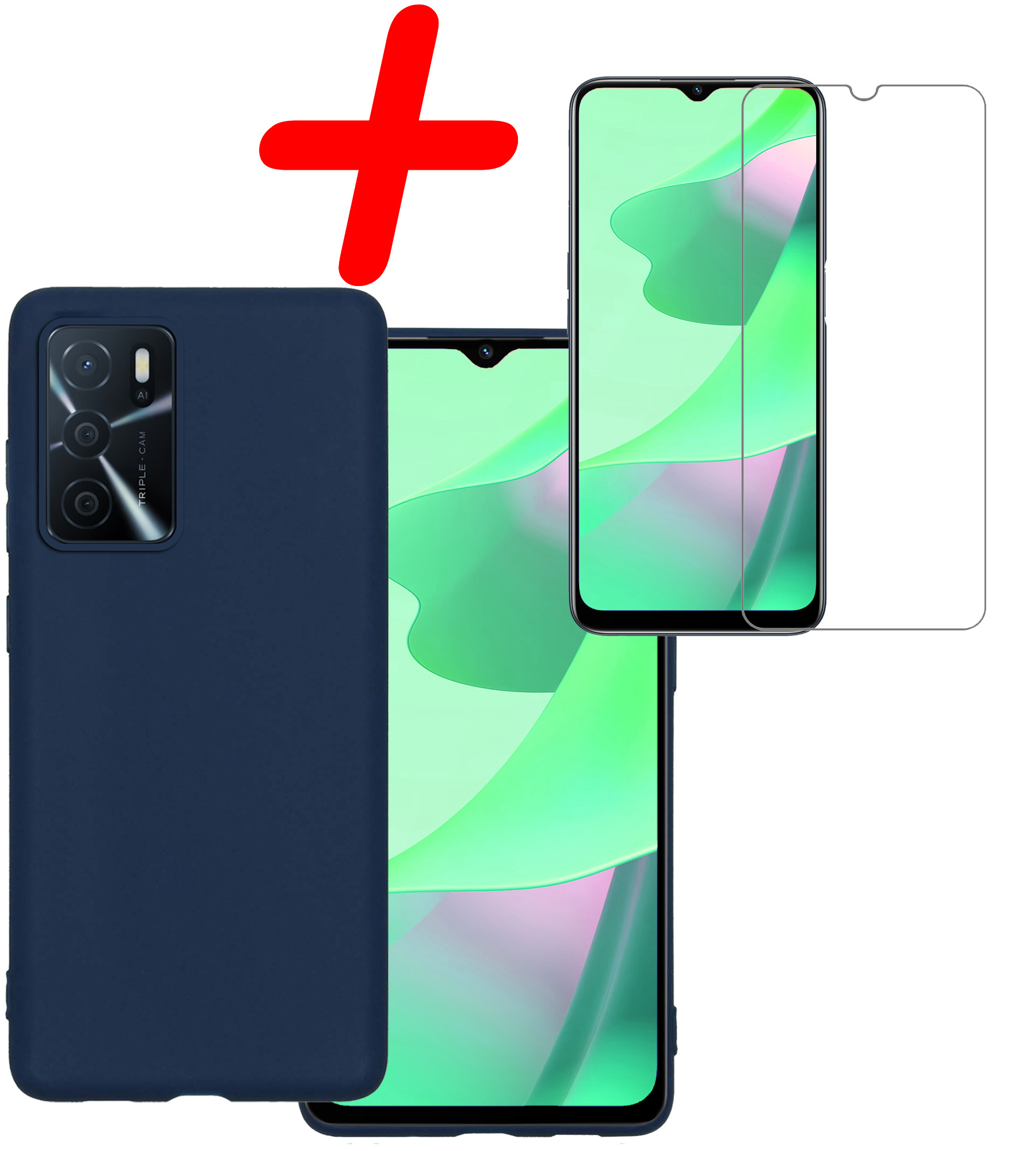 BASEY. Hoes Geschikt voor OPPO A16s Hoesje Siliconen Back Cover Case Met Screenprotector - Hoesje Geschikt voor OPPO A16s Hoes Cover Hoesje - Donkerblauw