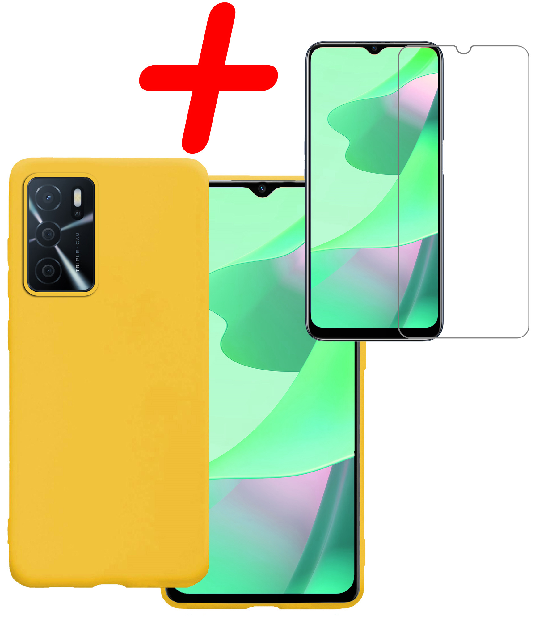BASEY. Hoes Geschikt voor OPPO A16s Hoesje Siliconen Back Cover Case Met Screenprotector - Hoesje Geschikt voor OPPO A16s Hoes Cover Hoesje - Geel