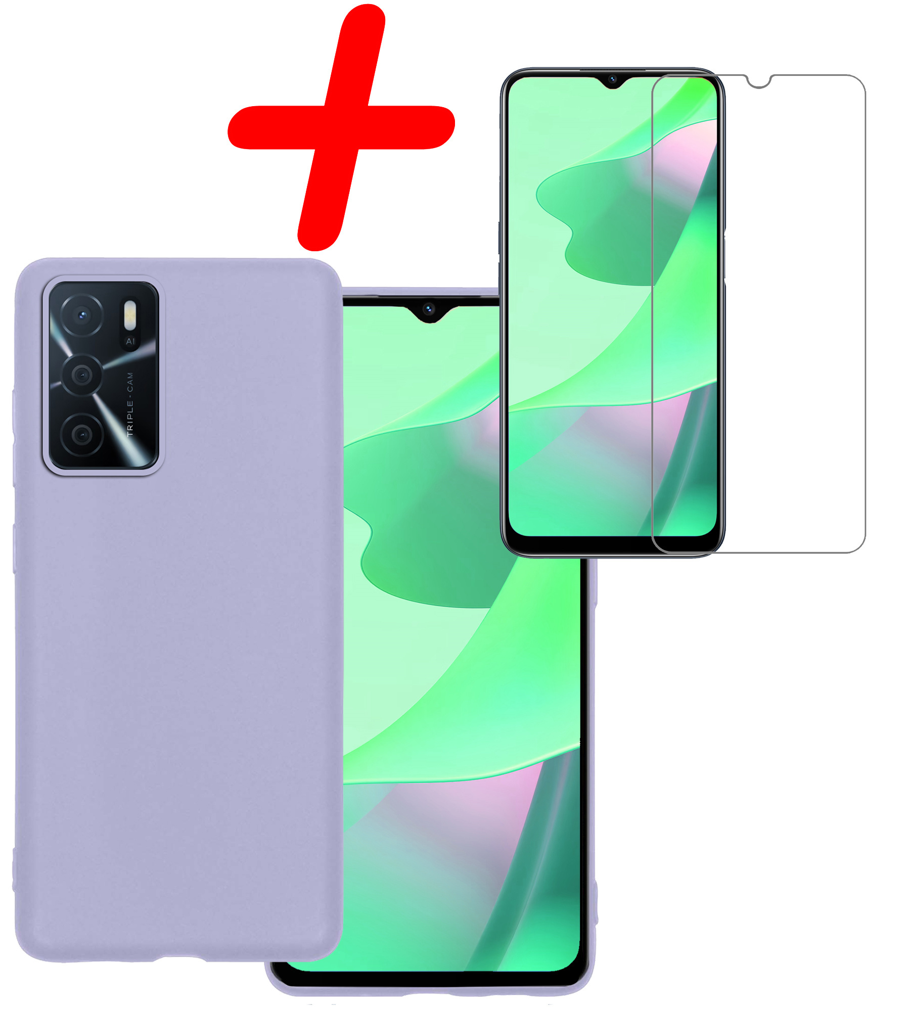 BASEY. Hoes Geschikt voor OPPO A16s Hoesje Siliconen Back Cover Case Met Screenprotector - Hoesje Geschikt voor OPPO A16s Hoes Cover Hoesje - Lila