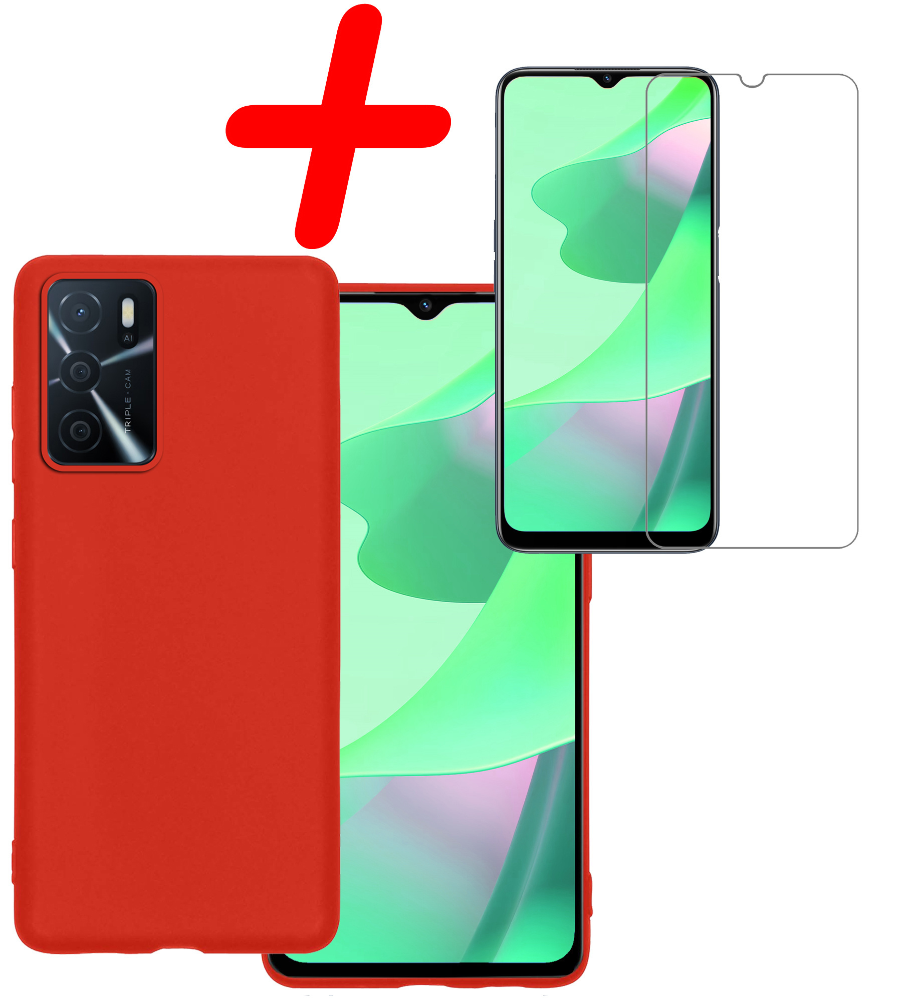 BASEY. Hoes Geschikt voor OPPO A16s Hoesje Siliconen Back Cover Case Met Screenprotector - Hoesje Geschikt voor OPPO A16s Hoes Cover Hoesje - Rood