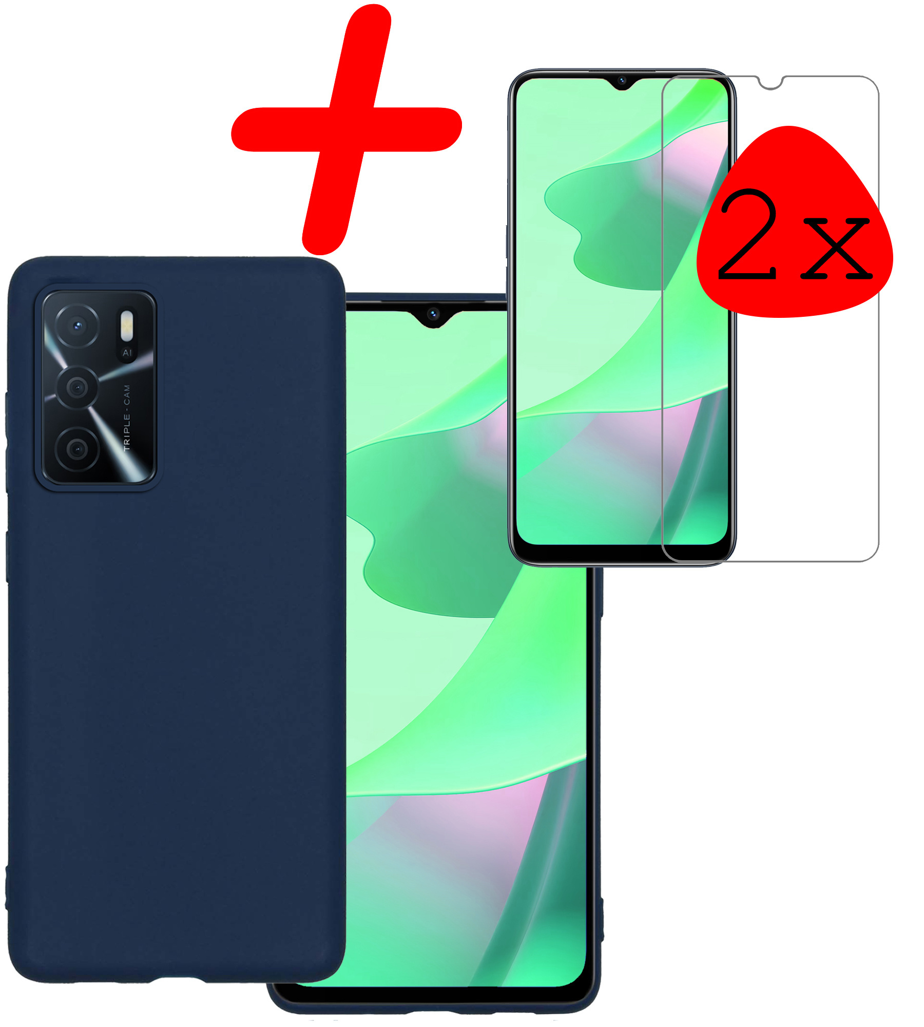 BASEY. Hoes Geschikt voor OPPO A16s Hoesje Siliconen Back Cover Case Met 2x Screenprotector - Hoesje Geschikt voor OPPO A16s Hoes Cover Hoesje - Donkerblauw