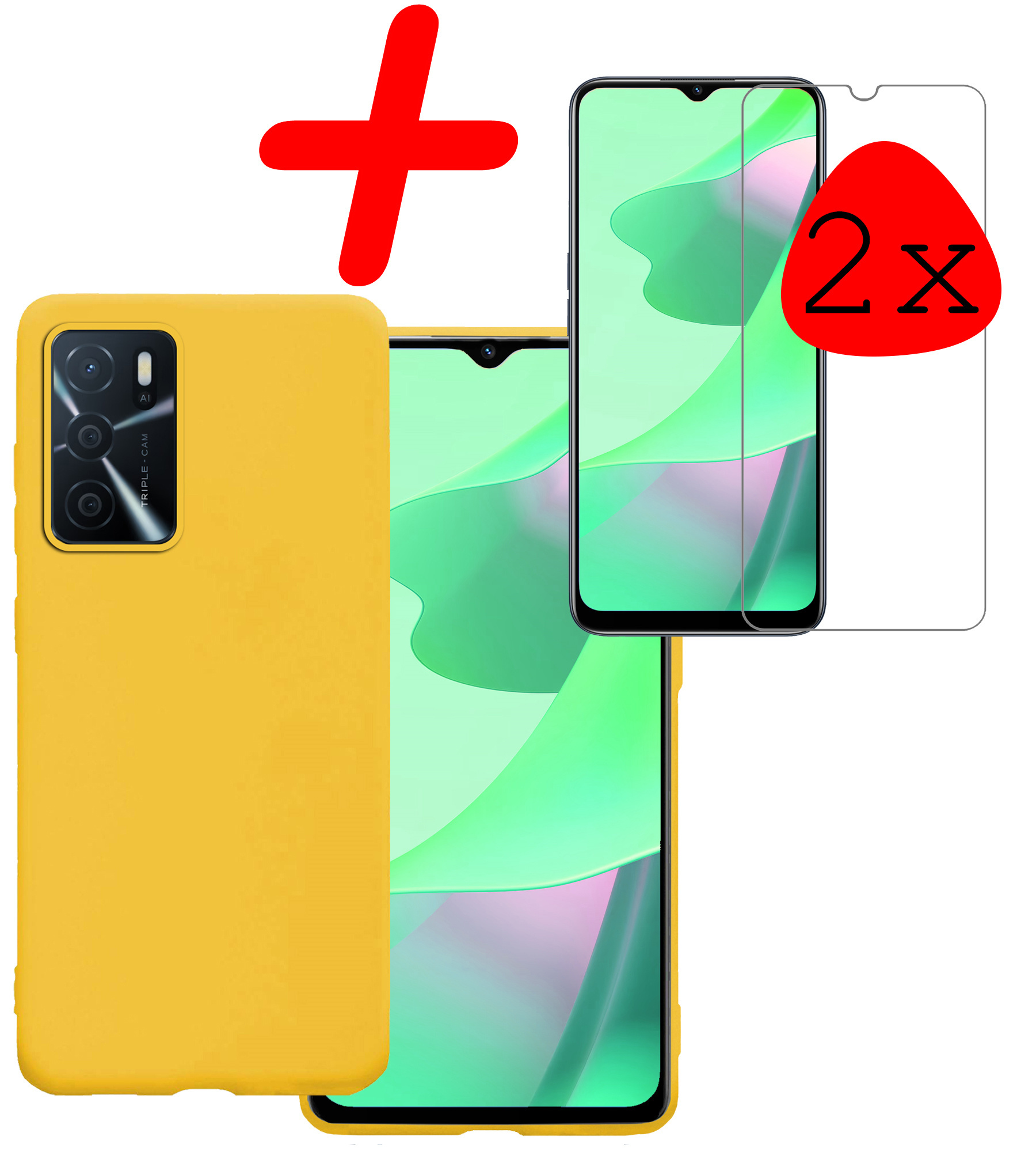 BASEY. Hoes Geschikt voor OPPO A16s Hoesje Siliconen Back Cover Case Met 2x Screenprotector - Hoesje Geschikt voor OPPO A16s Hoes Cover Hoesje - Geel
