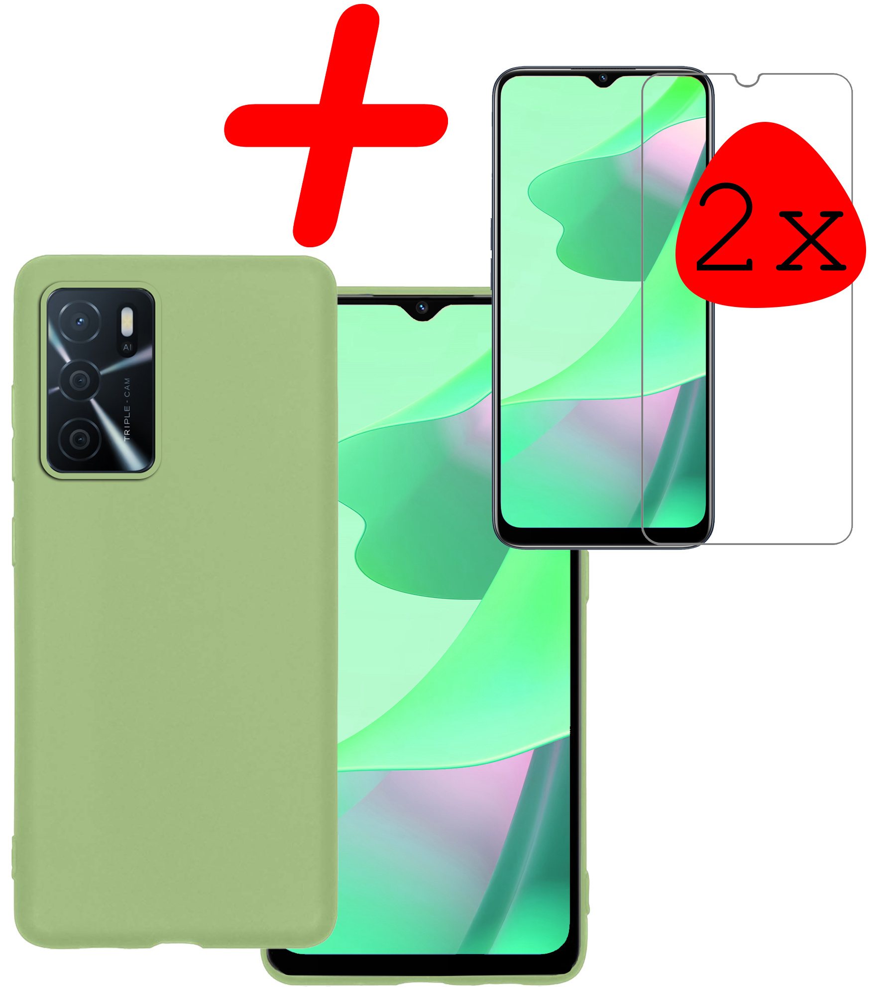BASEY. Hoes Geschikt voor OPPO A16s Hoesje Siliconen Back Cover Case Met 2x Screenprotector - Hoesje Geschikt voor OPPO A16s Hoes Cover Hoesje - Groen
