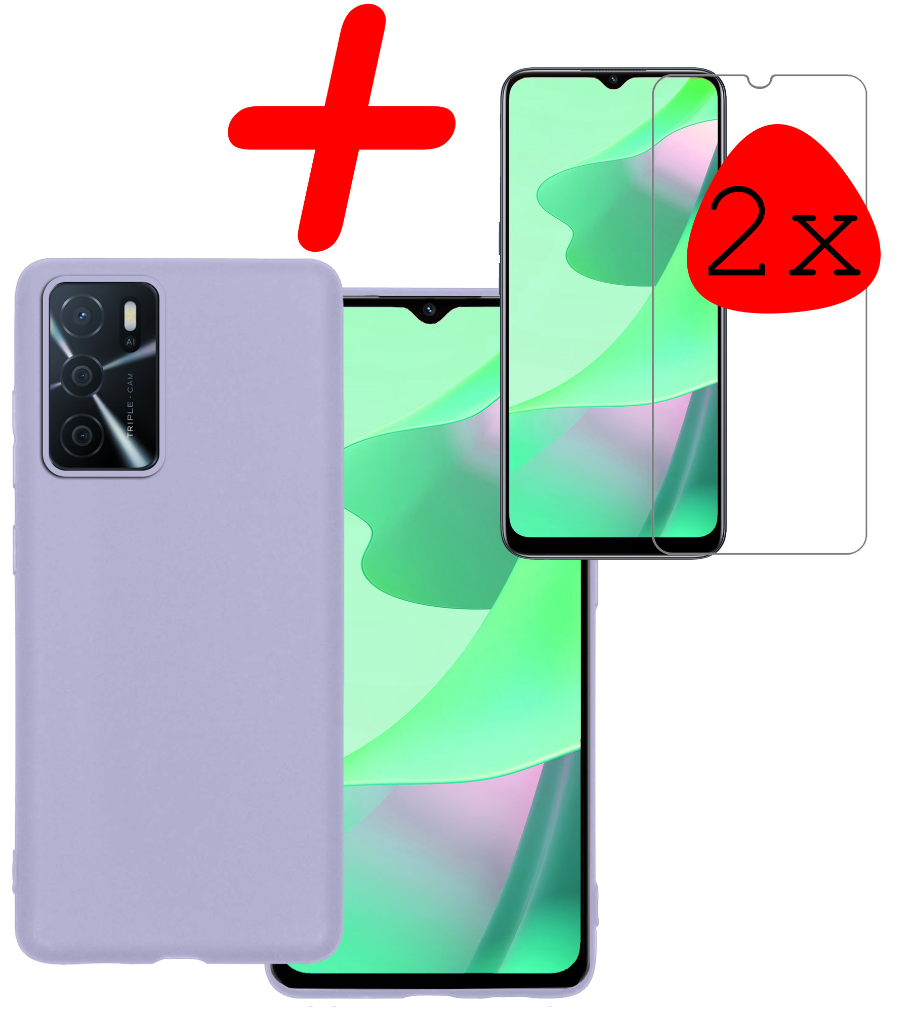 BASEY. Hoes Geschikt voor OPPO A16s Hoesje Siliconen Back Cover Case Met 2x Screenprotector - Hoesje Geschikt voor OPPO A16s Hoes Cover Hoesje - Lila
