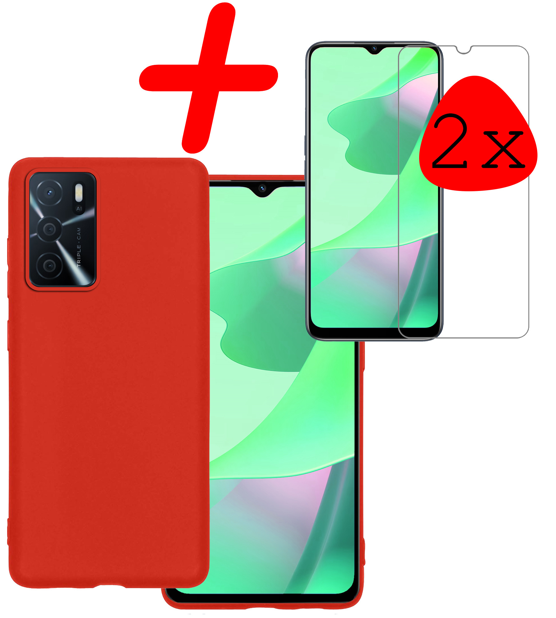 BASEY. Hoes Geschikt voor OPPO A16s Hoesje Siliconen Back Cover Case Met 2x Screenprotector - Hoesje Geschikt voor OPPO A16s Hoes Cover Hoesje - Rood