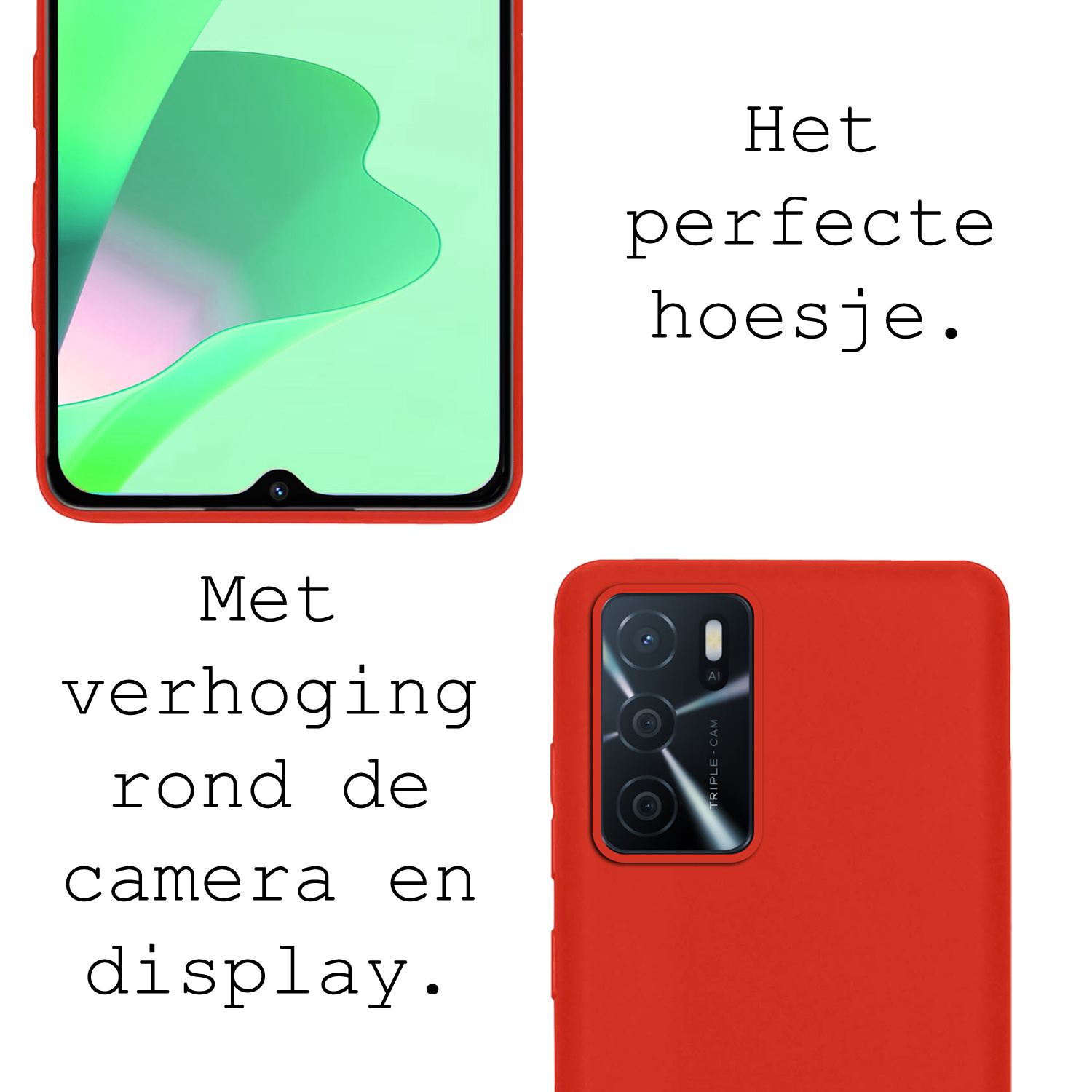 BASEY. Hoes Geschikt voor OPPO A16s Hoesje Siliconen Back Cover Case Met 2x Screenprotector - Hoesje Geschikt voor OPPO A16s Hoes Cover Hoesje - Rood