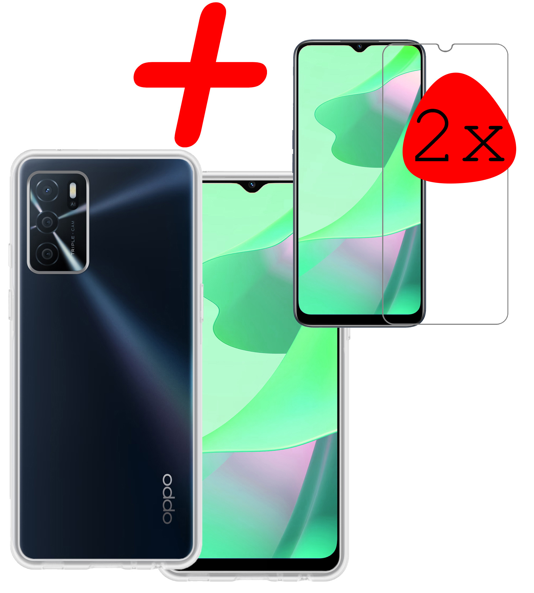 BASEY. Hoes Geschikt voor OPPO A16s Hoesje Siliconen Back Cover Case Met 2x Screenprotector - Hoesje Geschikt voor OPPO A16s Hoes Cover Hoesje - Transparant