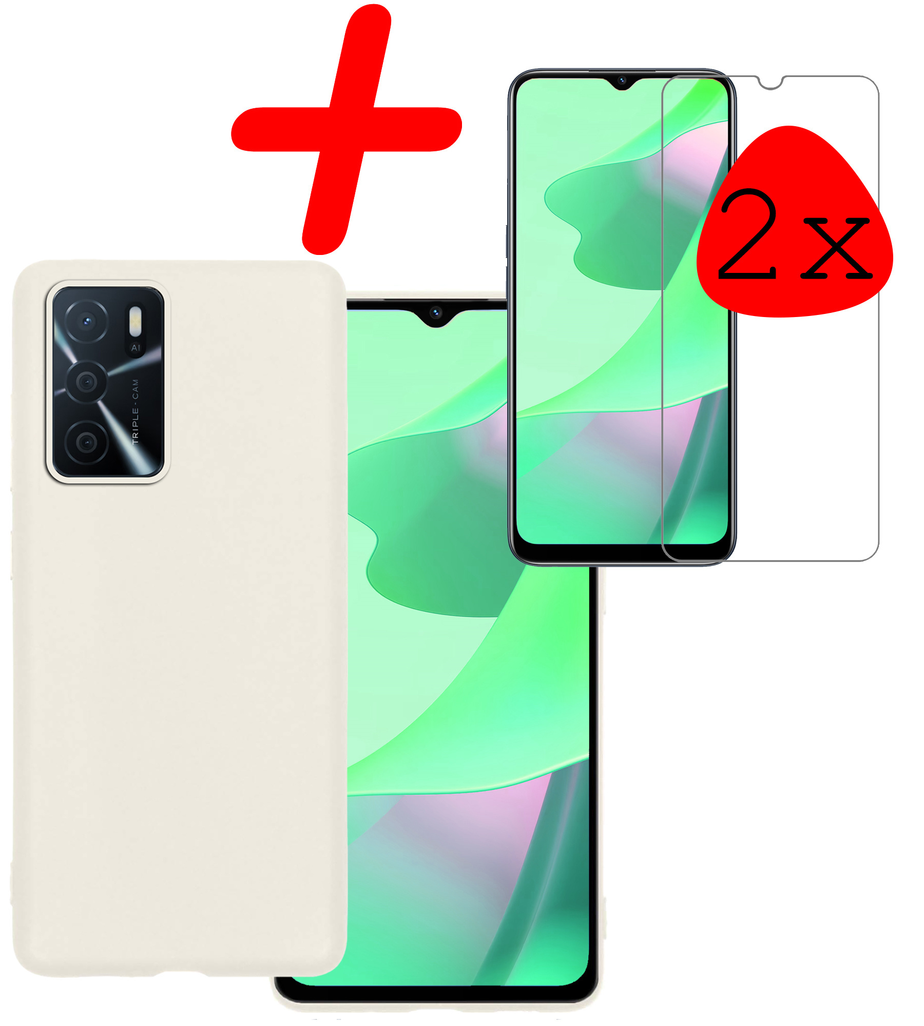 BASEY. Hoes Geschikt voor OPPO A16s Hoesje Siliconen Back Cover Case Met 2x Screenprotector - Hoesje Geschikt voor OPPO A16s Hoes Cover Hoesje - Wit