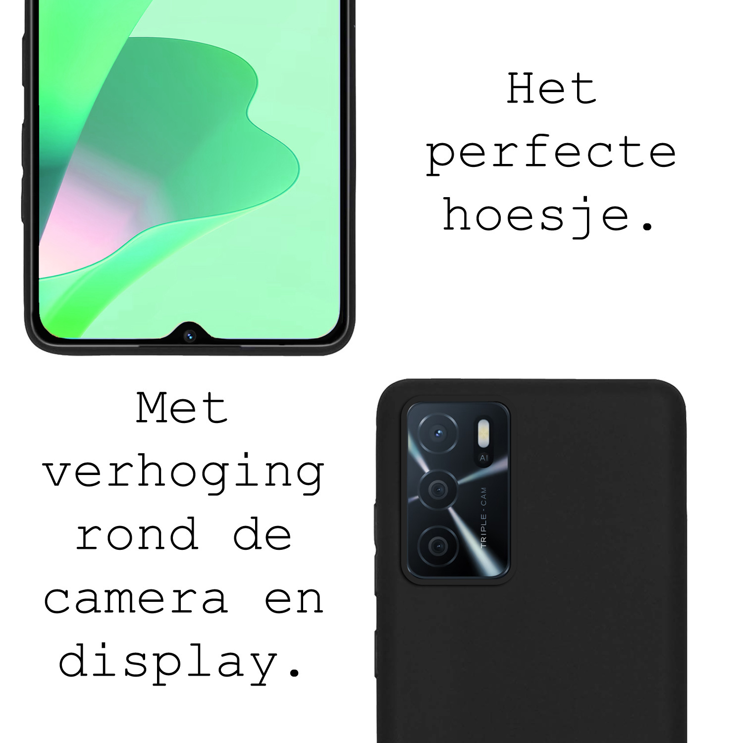 BASEY. Hoes Geschikt voor OPPO A16s Hoesje Siliconen Back Cover Case Met 2x Screenprotector - Hoesje Geschikt voor OPPO A16s Hoes Cover Hoesje - Zwart