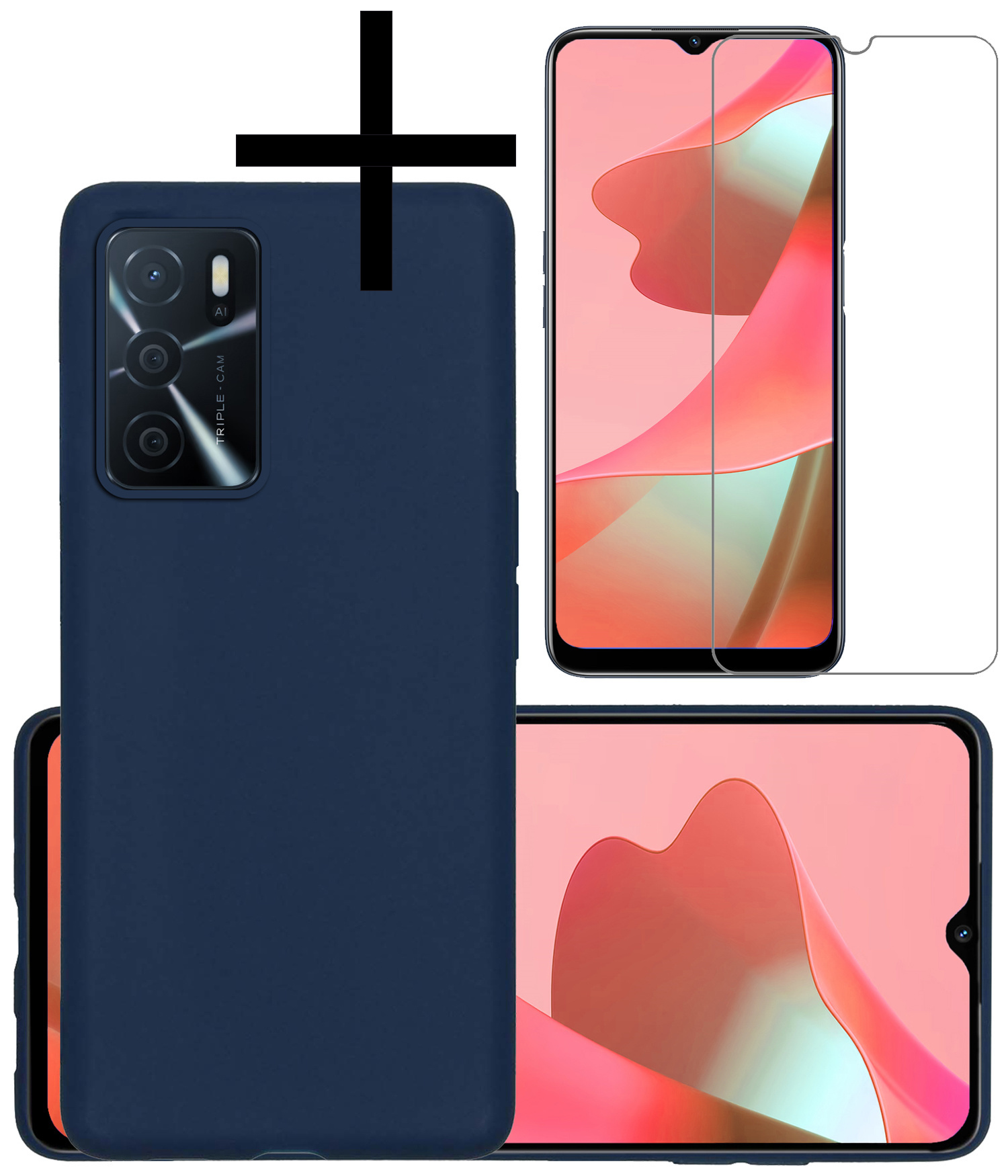 NoXx Hoes Geschikt voor OPPO A16s Hoesje Cover Siliconen Back Case Hoes Met Screenprotector - Donkerblauw