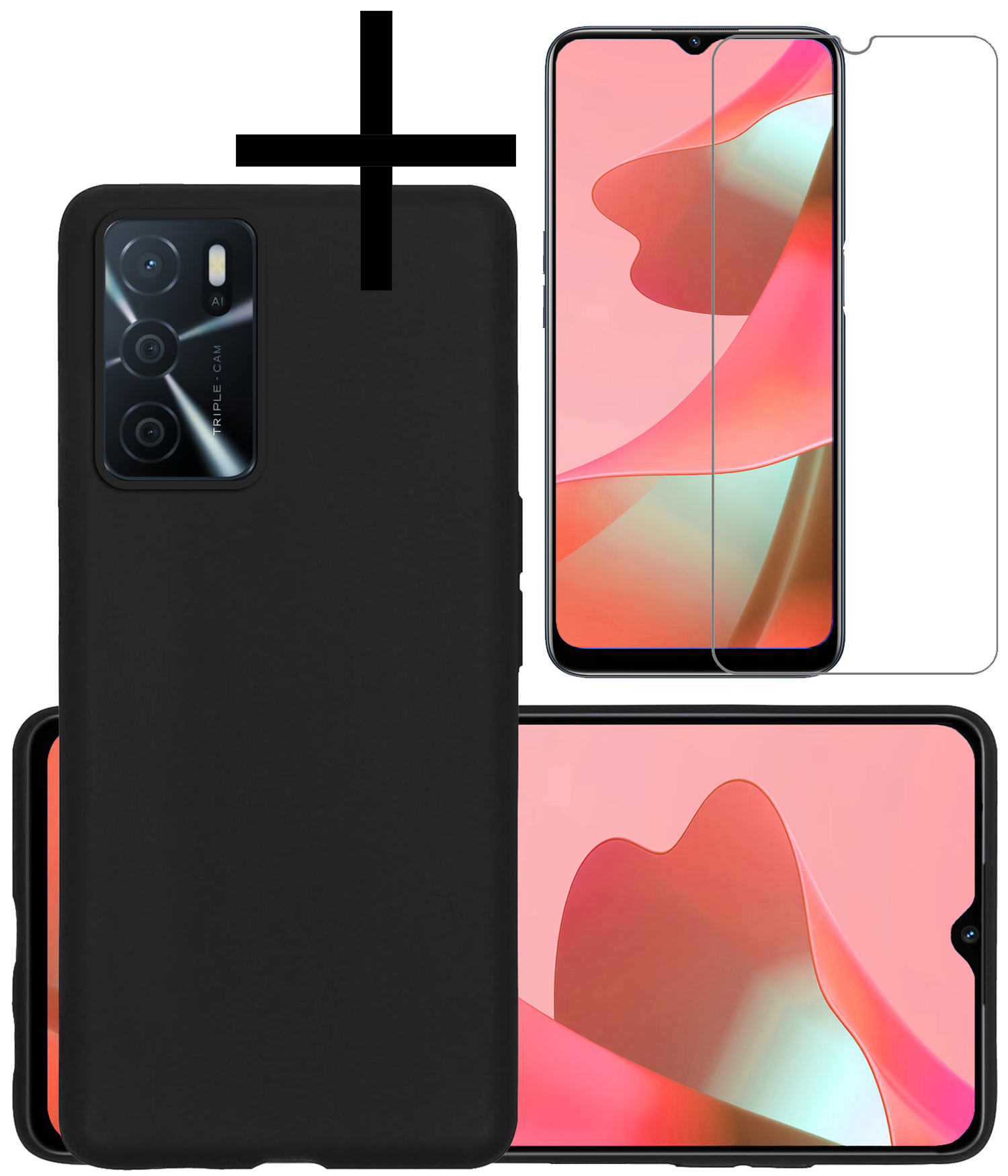 NoXx Hoes Geschikt voor OPPO A16s Hoesje Cover Siliconen Back Case Hoes Met Screenprotector - Zwart