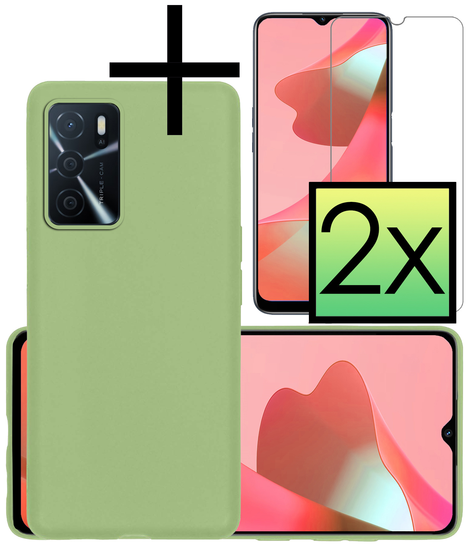 NoXx Hoes Geschikt voor OPPO A16s Hoesje Cover Siliconen Back Case Hoes Met 2x Screenprotector - Groen