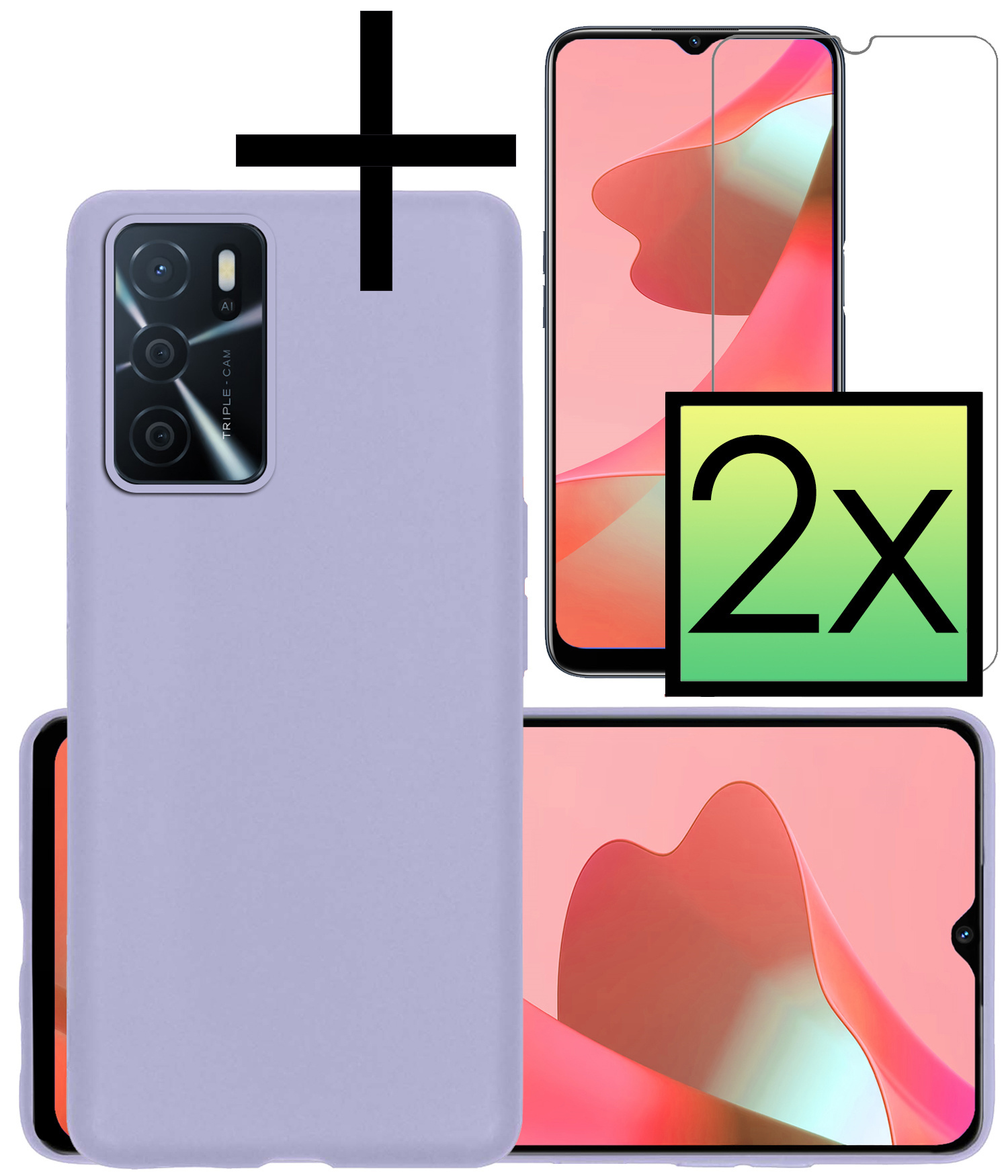 NoXx Hoes Geschikt voor OPPO A16s Hoesje Cover Siliconen Back Case Hoes Met 2x Screenprotector - Lila