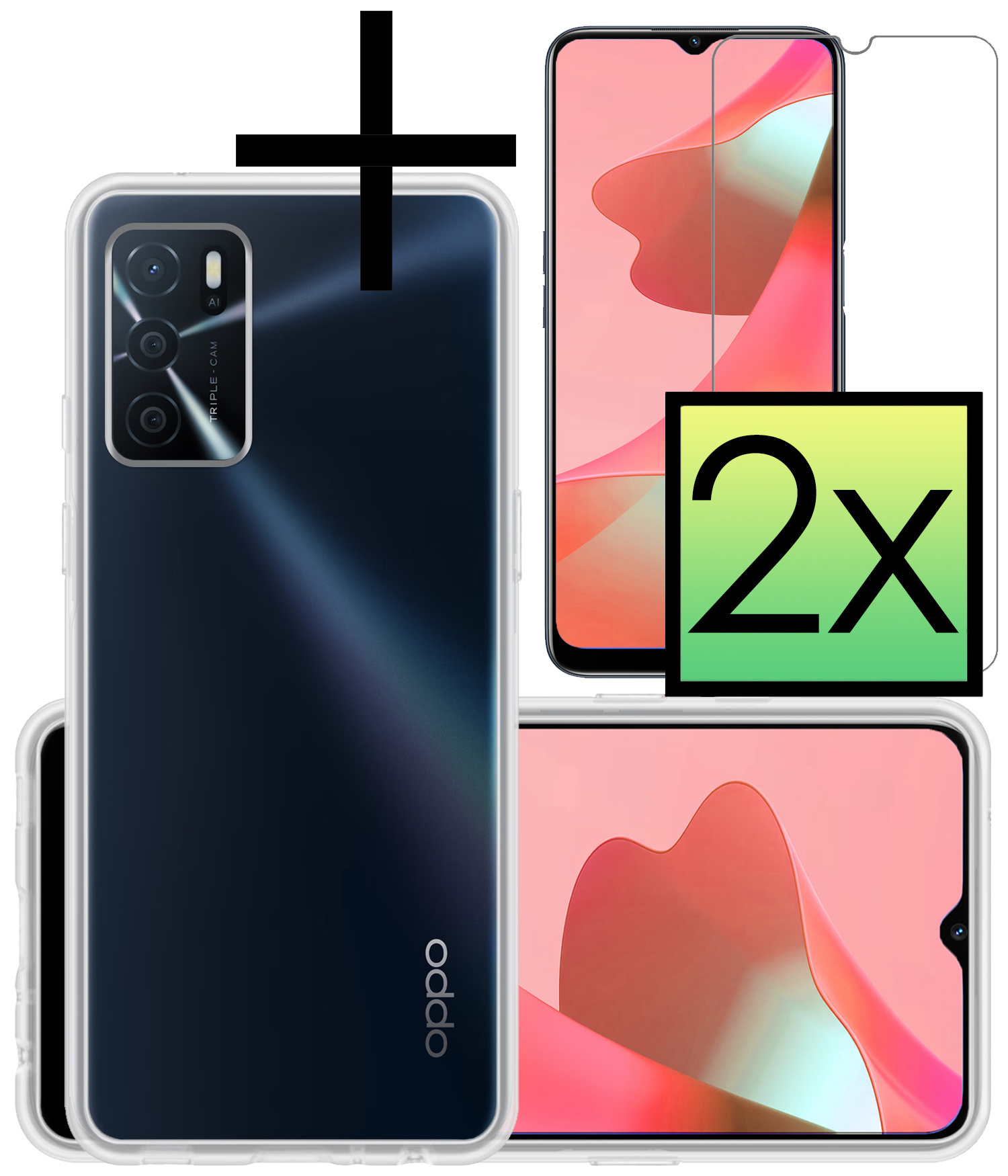 NoXx Hoes Geschikt voor OPPO A16s Hoesje Cover Siliconen Back Case Hoes Met 2x Screenprotector - Transparant