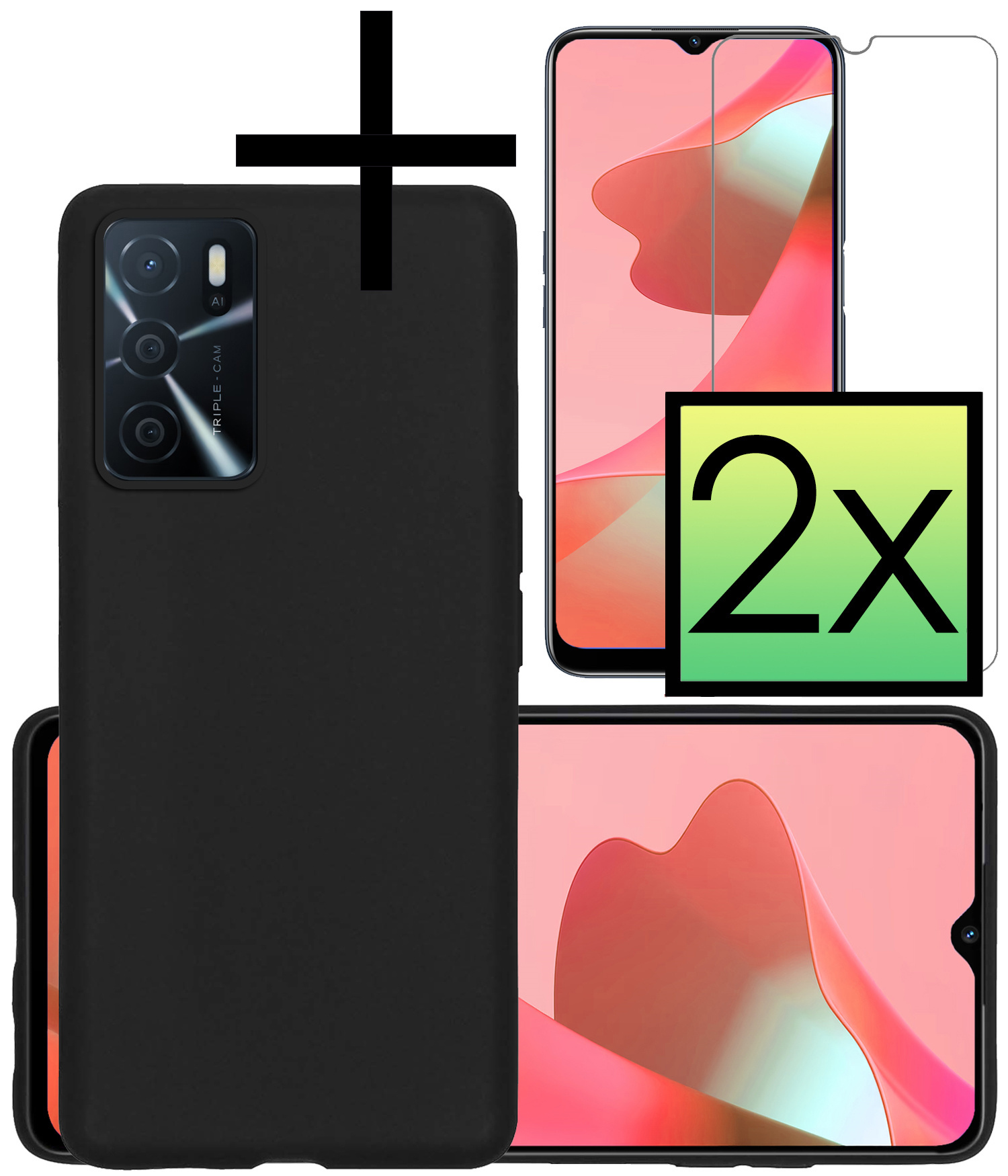 NoXx Hoes Geschikt voor OPPO A16s Hoesje Cover Siliconen Back Case Hoes Met 2x Screenprotector - Zwart