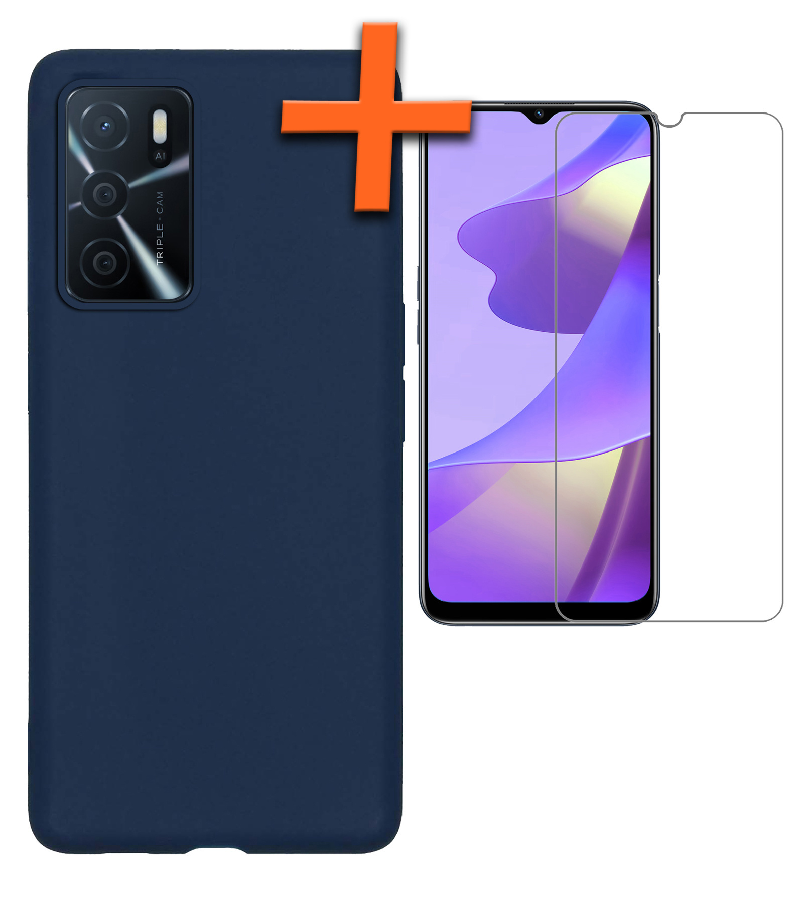 Nomfy OPPO A16s Hoes Cover Siliconen Case Met Screenprotector - OPPO A16s Hoesje Case Siliconen Hoes Back Cover - Donker Blauw