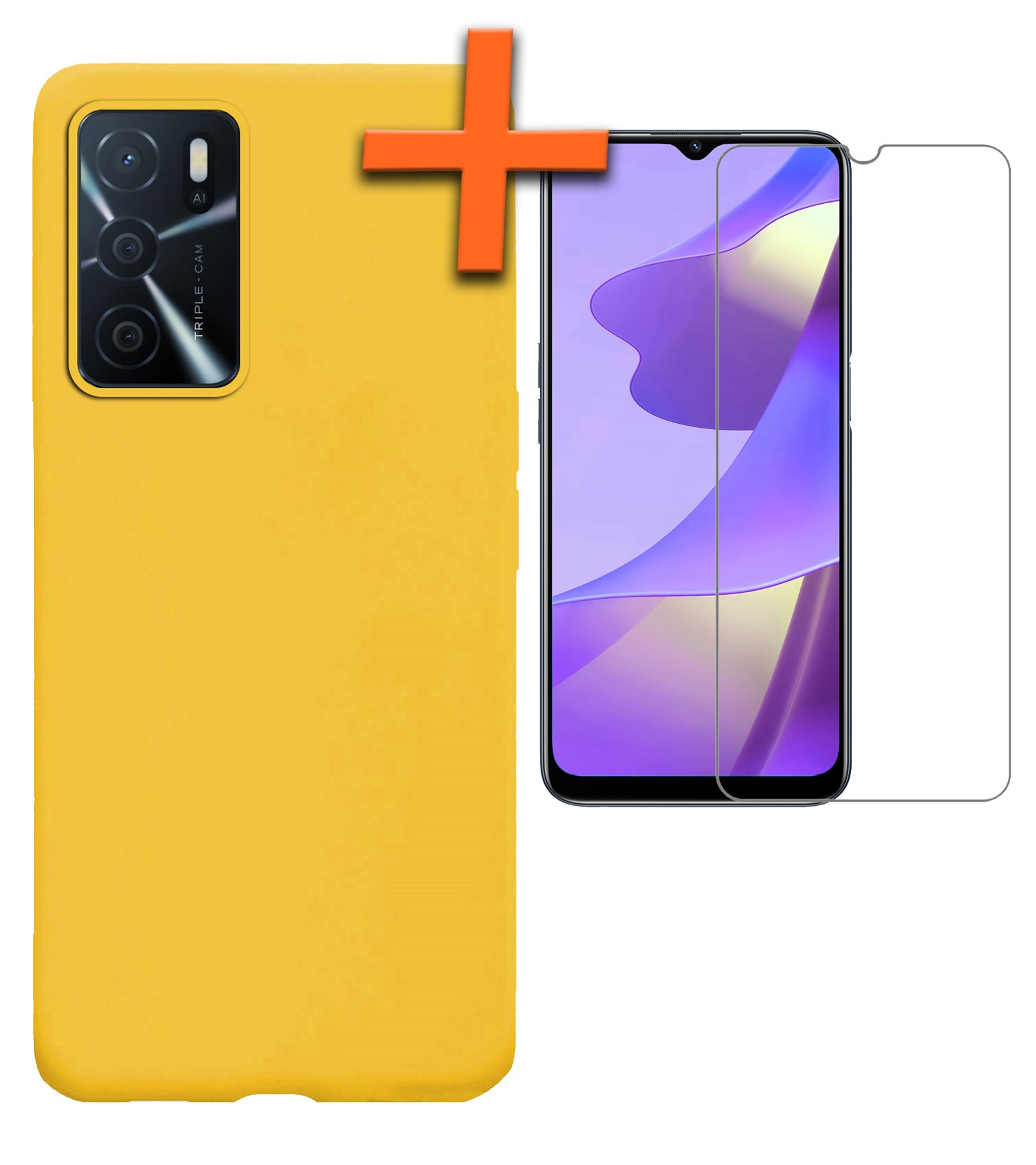 Nomfy OPPO A16s Hoes Cover Siliconen Case Met Screenprotector - OPPO A16s Hoesje Case Siliconen Hoes Back Cover - Geel