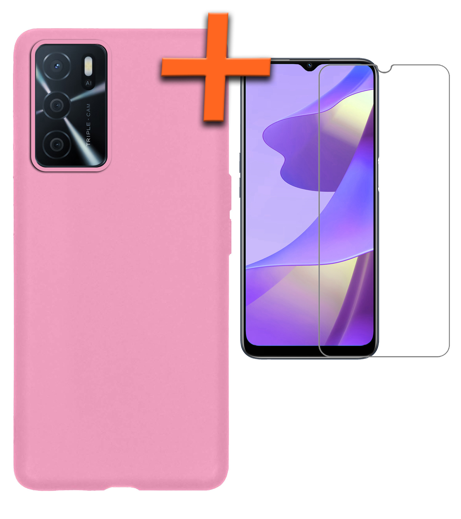 Nomfy Hoesje Geschikt voor OPPO A16s Hoesje Siliconen Cover Case Met Screenprotector - Hoes Geschikt voor OPPO A16s Hoes Back Case - Lichtroze