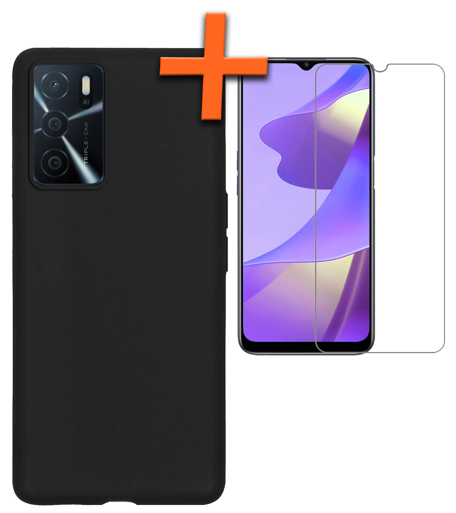 Nomfy Hoesje Geschikt voor OPPO A16s Hoesje Siliconen Cover Case Met Screenprotector - Hoes Geschikt voor OPPO A16s Hoes Back Case - Zwart