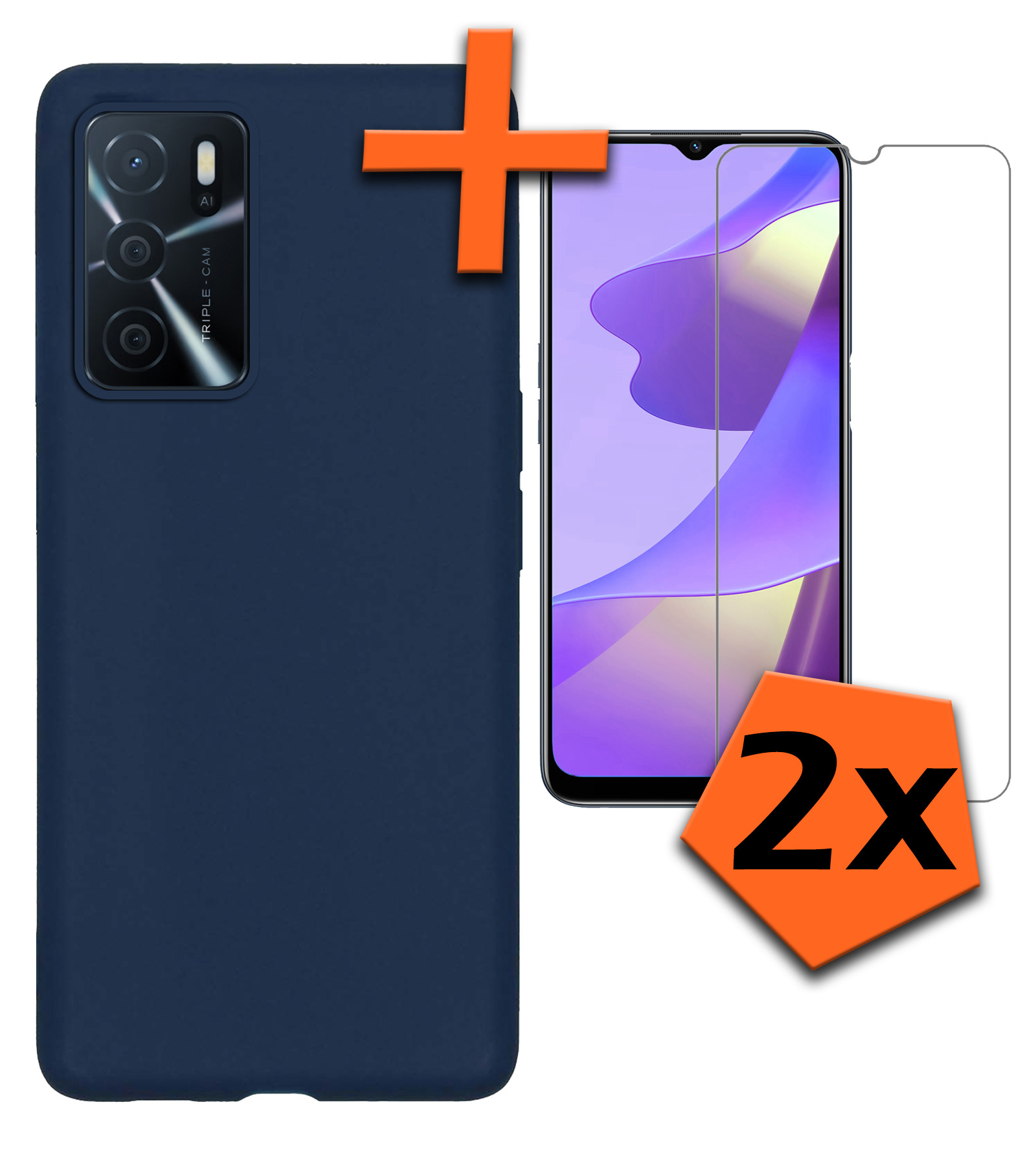 Nomfy Hoesje Geschikt voor OPPO A16s Hoesje Siliconen Cover Case Met 2x Screenprotector - Hoes Geschikt voor OPPO A16s Hoes Back Case - Donkerblauw