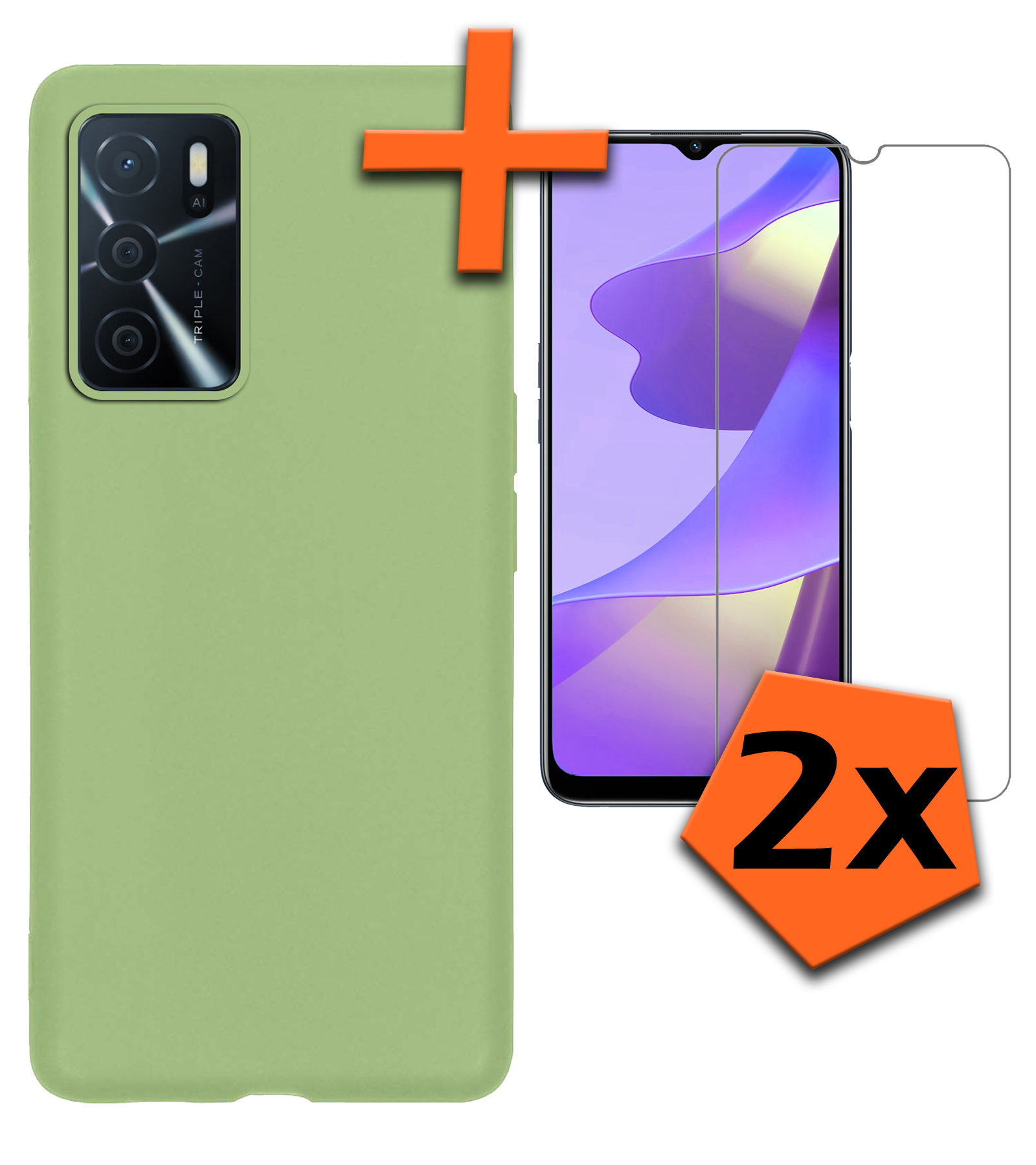 Nomfy Hoesje Geschikt voor OPPO A16s Hoesje Siliconen Cover Case Met 2x Screenprotector - Hoes Geschikt voor OPPO A16s Hoes Back Case - Groen