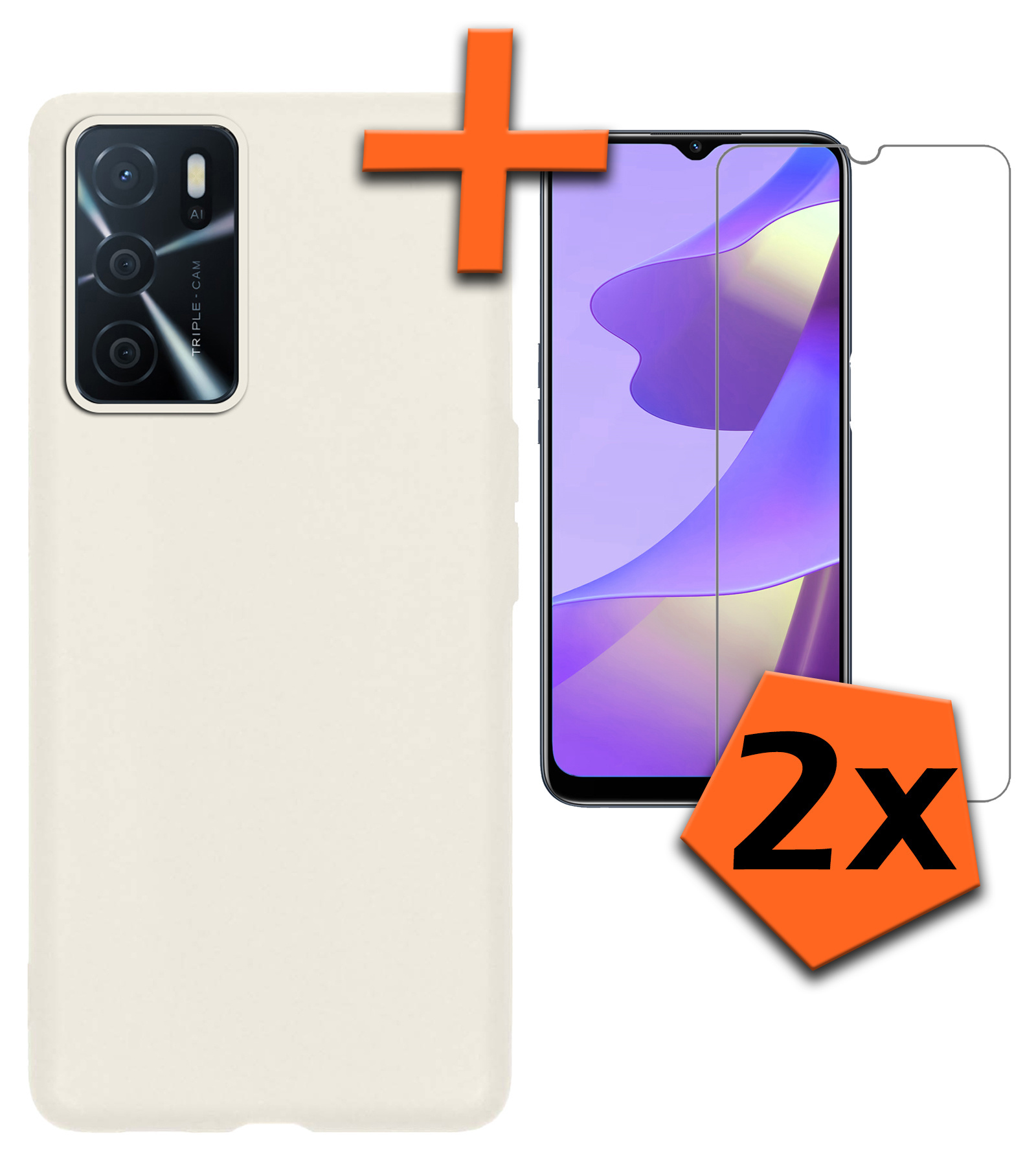 Nomfy OPPO A16s Hoes Cover Siliconen Case Met 2x Screenprotector - OPPO A16s Hoesje Case Siliconen Hoes Back Cover - Wit
