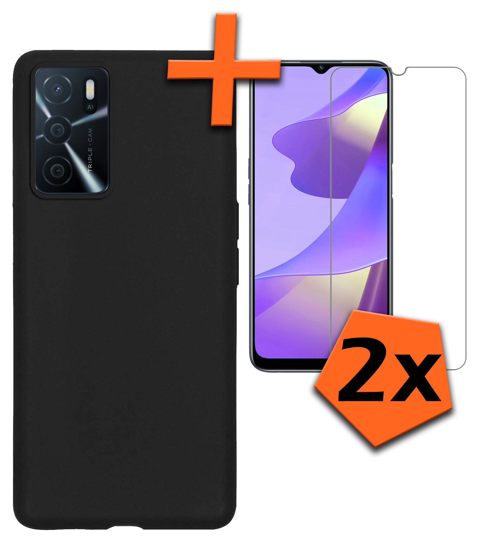 Nomfy OPPO A16s Hoes Cover Siliconen Case Met 2x Screenprotector - OPPO A16s Hoesje Case Siliconen Hoes Back Cover - Zwart