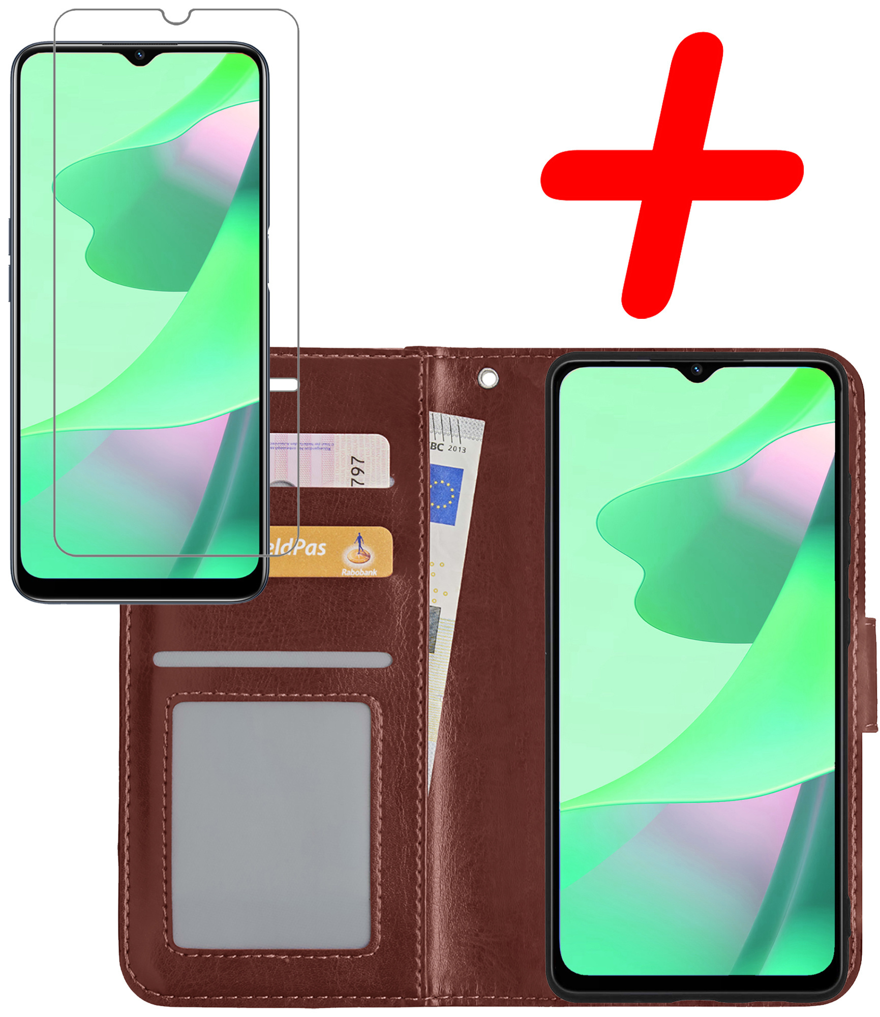 BASEY. Hoes Geschikt voor OPPO A16s Hoesje Bookcase Hoes Flip Case Book Cover Met Screenprotector - Hoesje Geschikt voor OPPO A16s Hoes Book Case Hoesje - Bruin